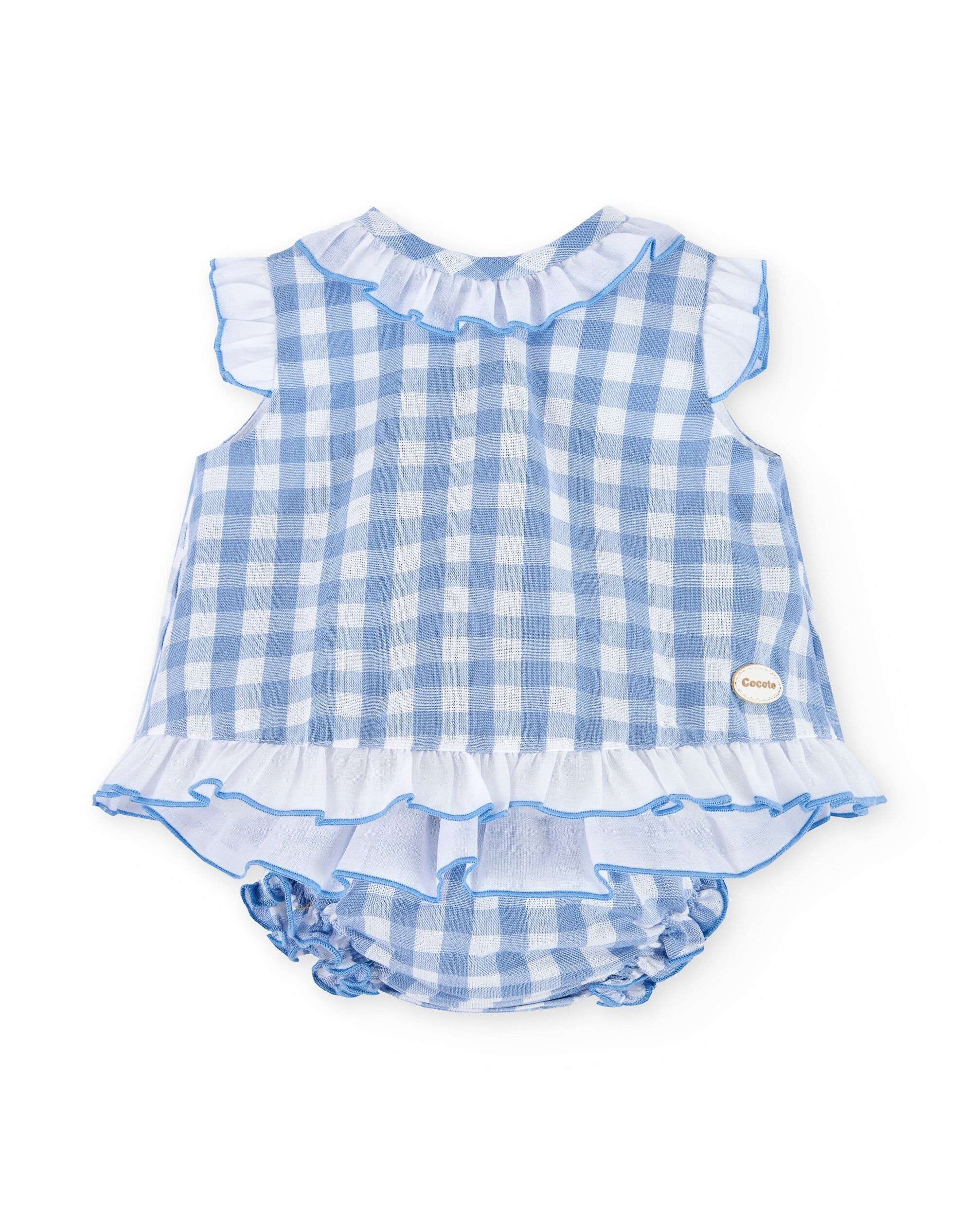 Conjunto vestido y braguita de recién nacido celeste cuadros vichy | Cocote & Charanga