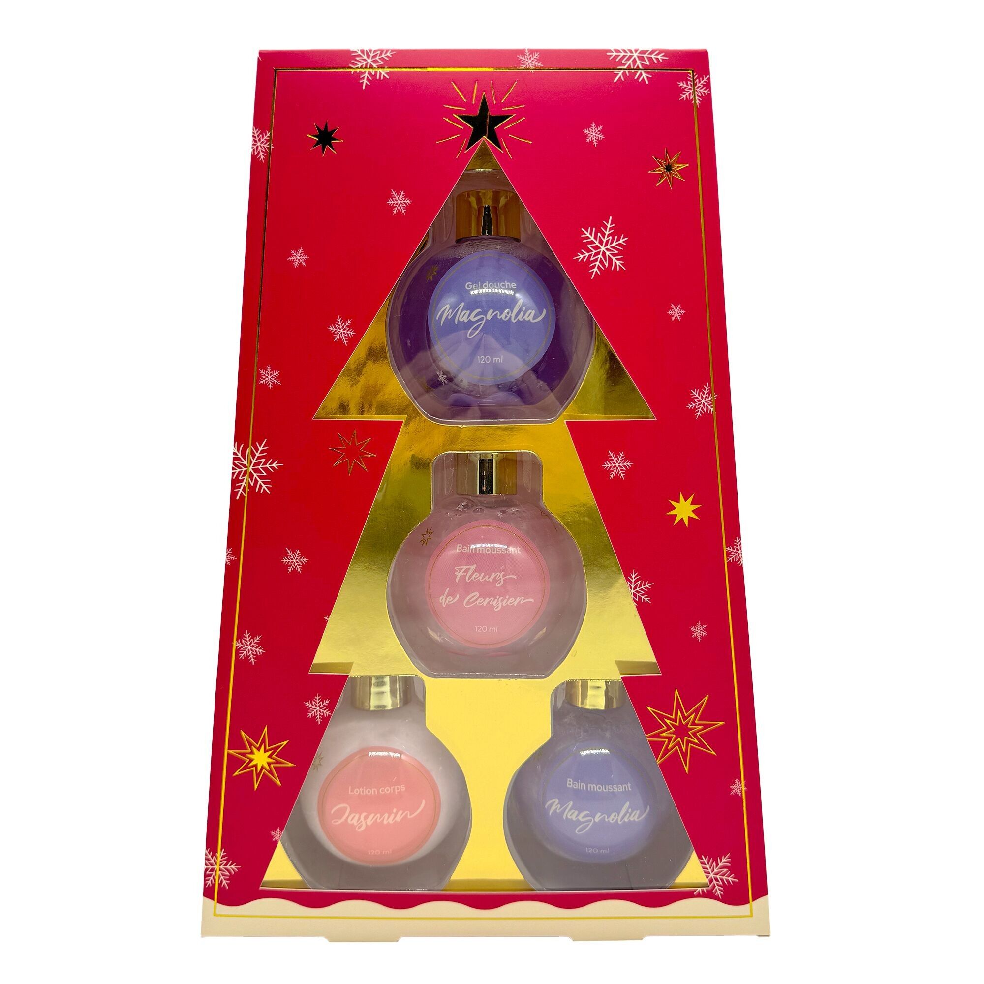 Coffret Bain & Douche de Noël “Bains féeriques” – 4 soins parfumés – Gel douche & bains moussants & lotion corps – 4 x 120 ml