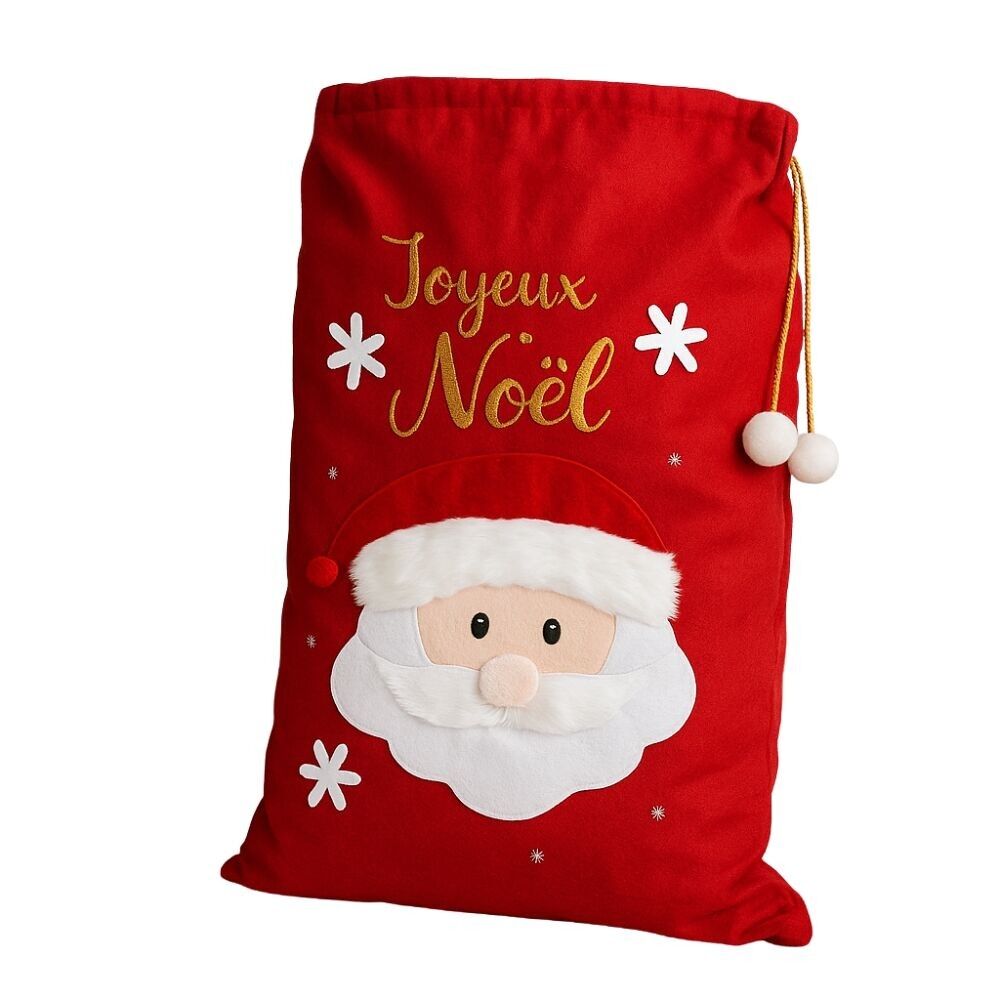 Grande Hotte de Noël XL 100x60 cm – Sac Cadeaux 3D Brodé “Joyeux Noël” avec Motif Père Noël, Décoration et Emballage Fêtes