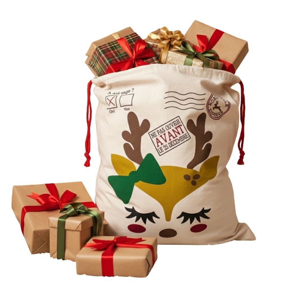 Hotte de Noël M 70x50 cm – Sac Cadeaux Imprimé avec Motif Petit Renne, Décoration et Emballage Fêtes
