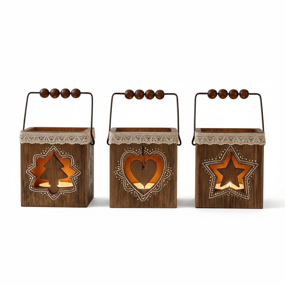 4er-Pack quadratische Teelichthalter aus Holz – Weihnachtstischdekoration, warme Atmosphäre, zufällige Designs