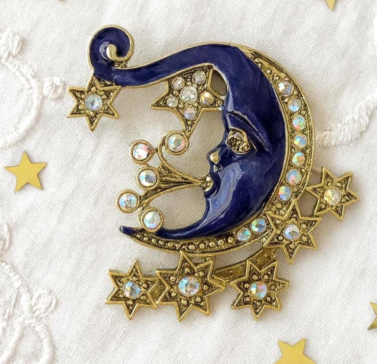 Vintage Style Blue Crescent Moon Brooch with Stars