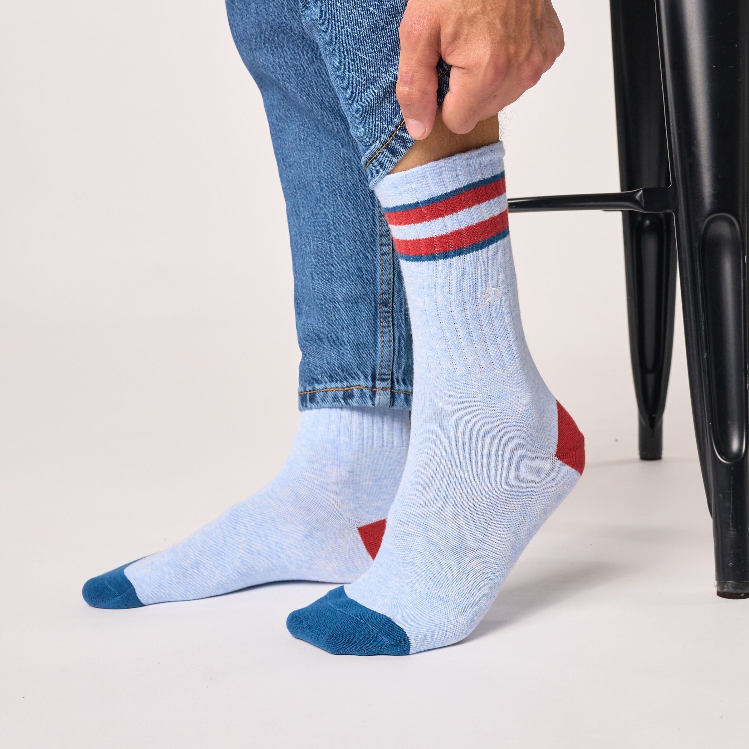 Retro combed cotton socks - Light blue, red and blue stripes