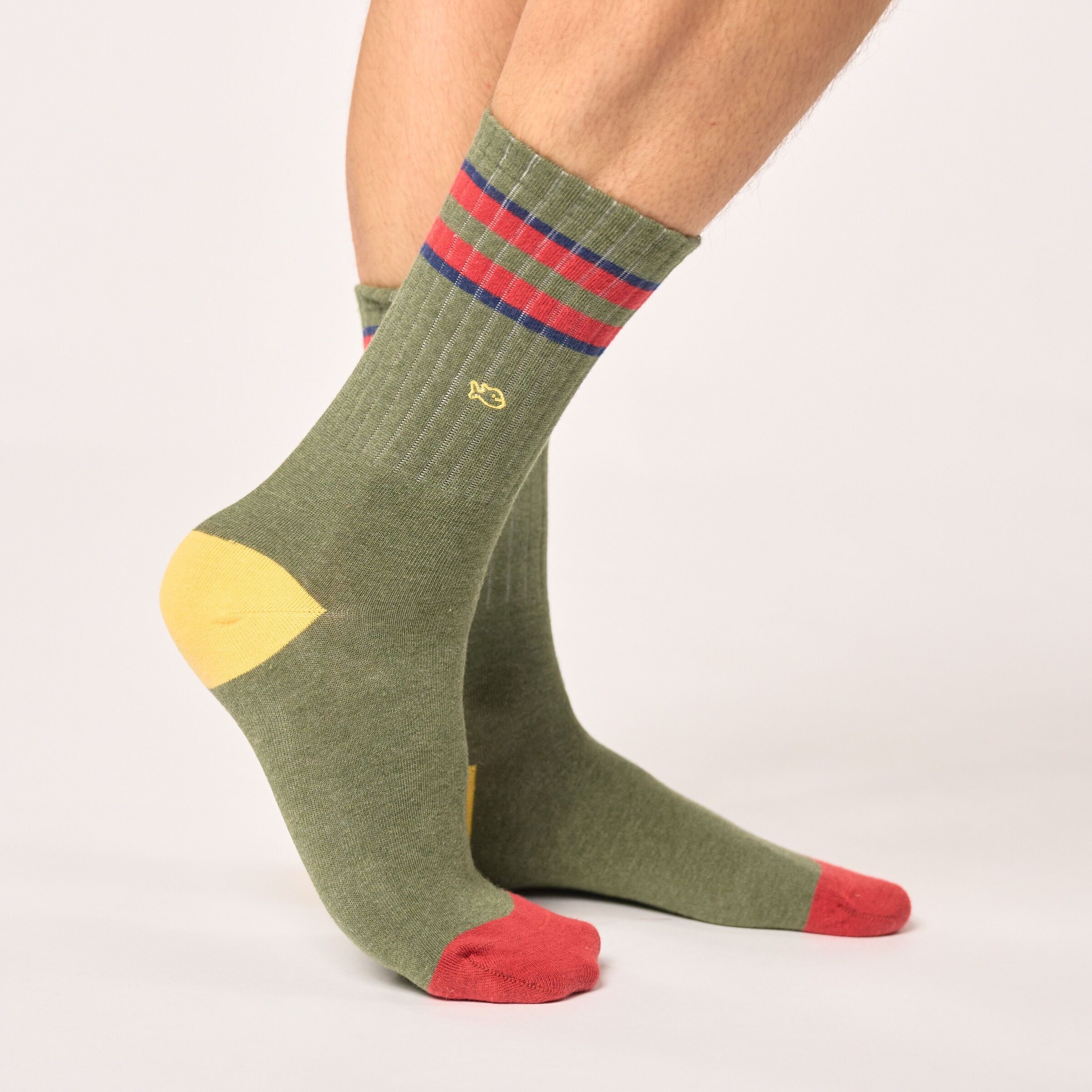 Retro combed cotton socks - Khaki, red and blue stripes