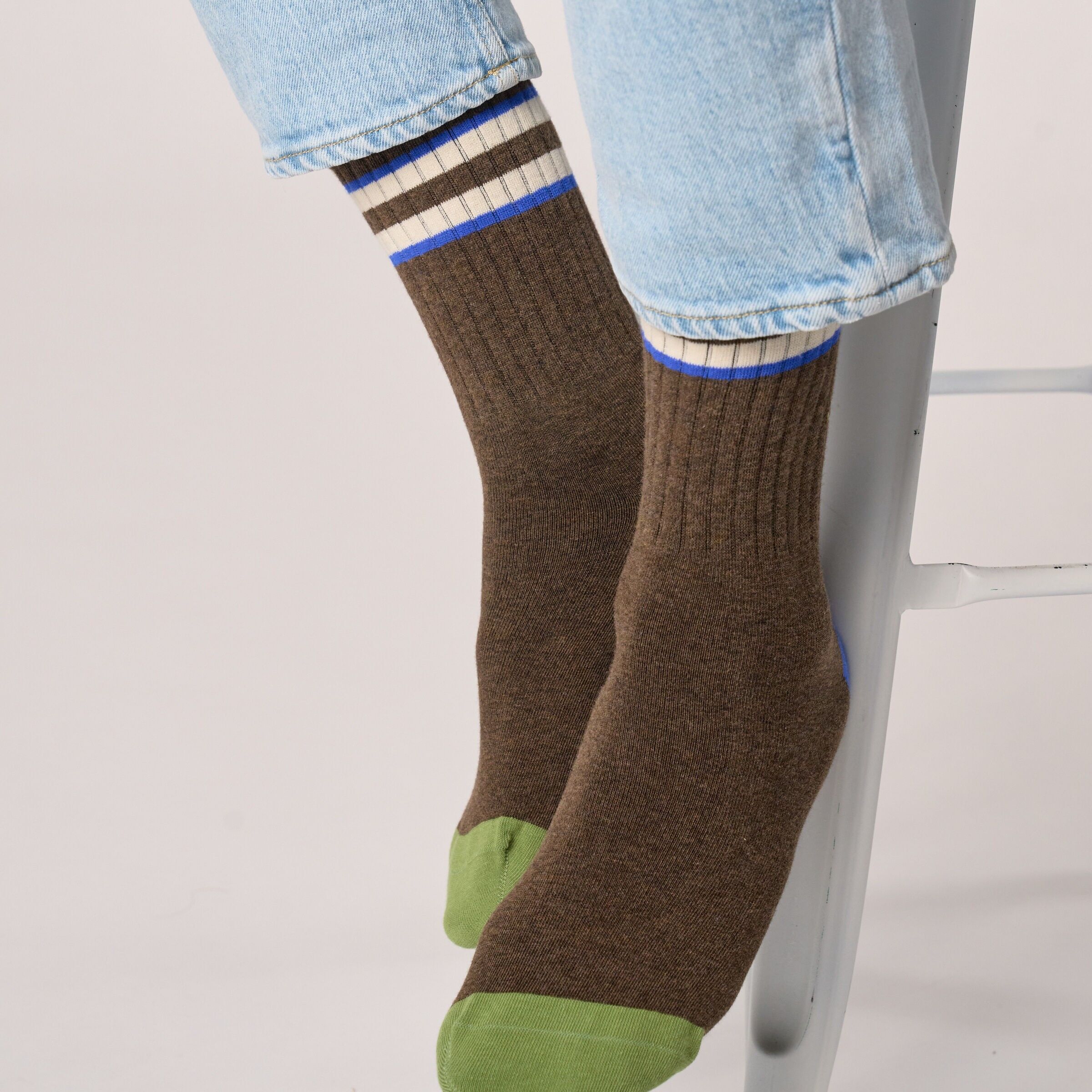 Retro combed cotton socks - Brown, ivory striped and blue