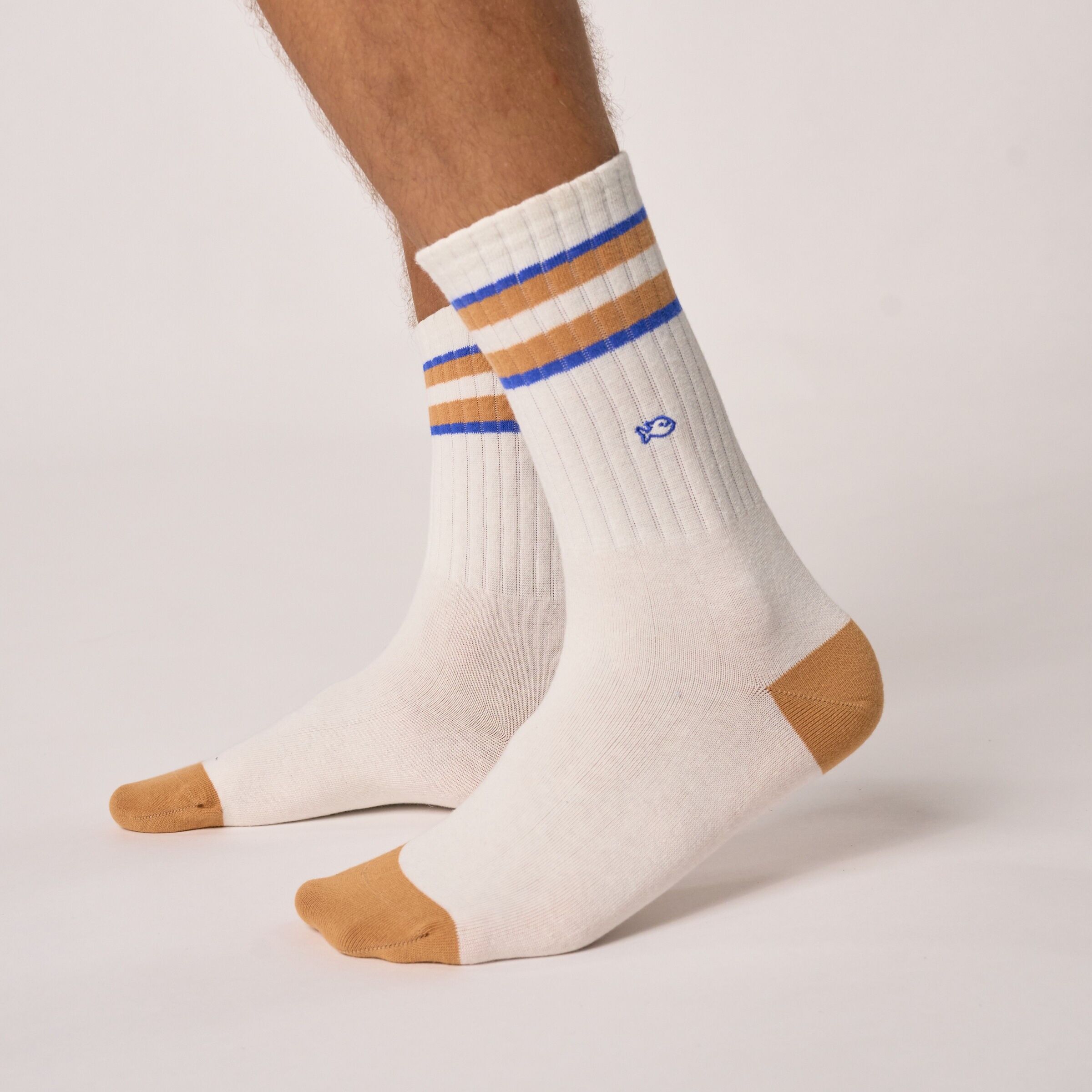Retro combed cotton socks - White, blue striped and camel
