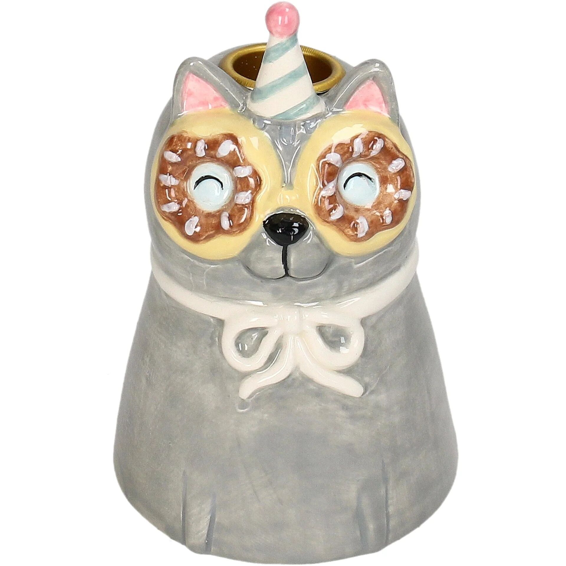 Kerzenhalter fröhliche Katze grau