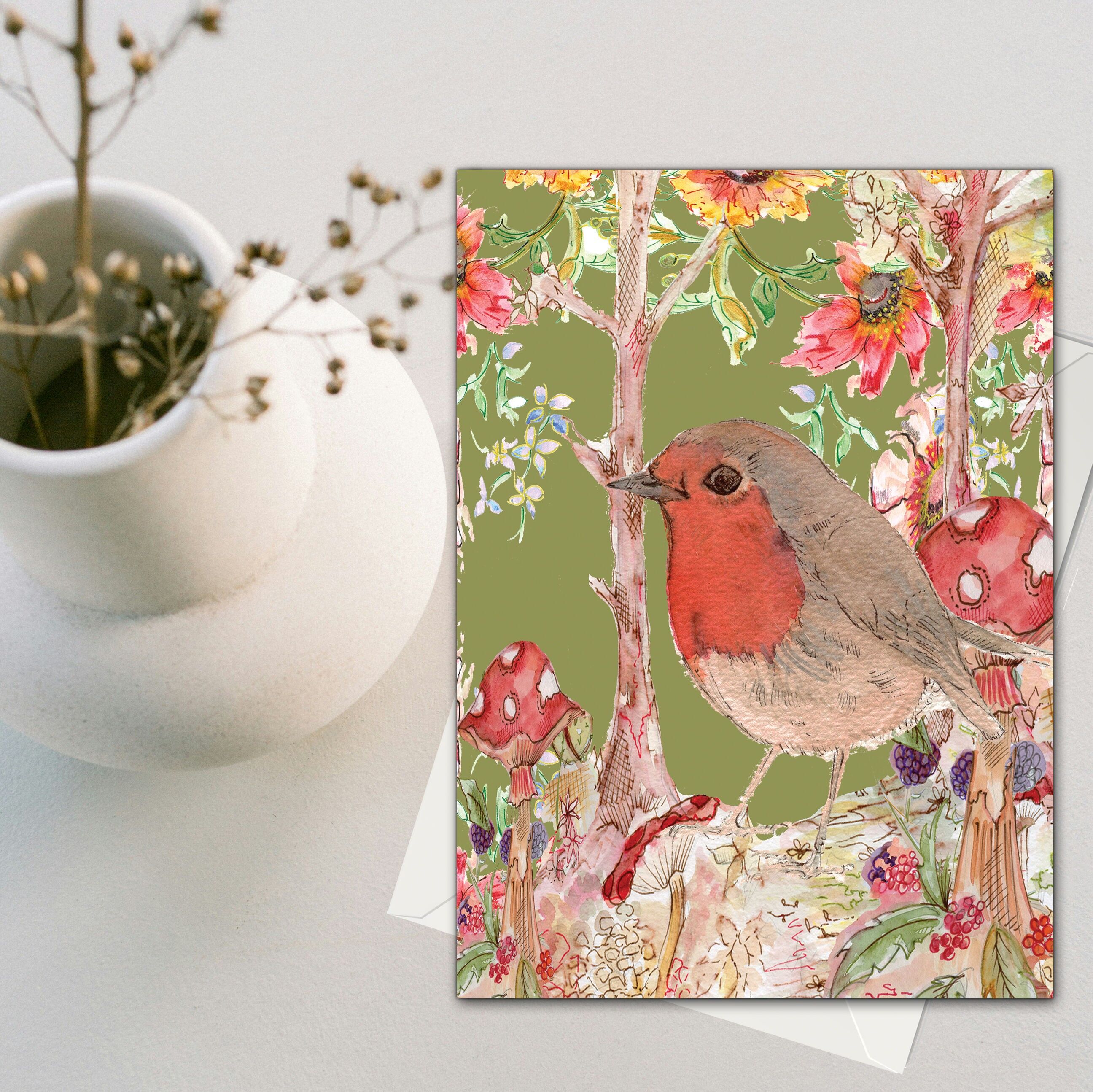 Verspielte Grußkarte mit Rotkehlchen (120 x 170)