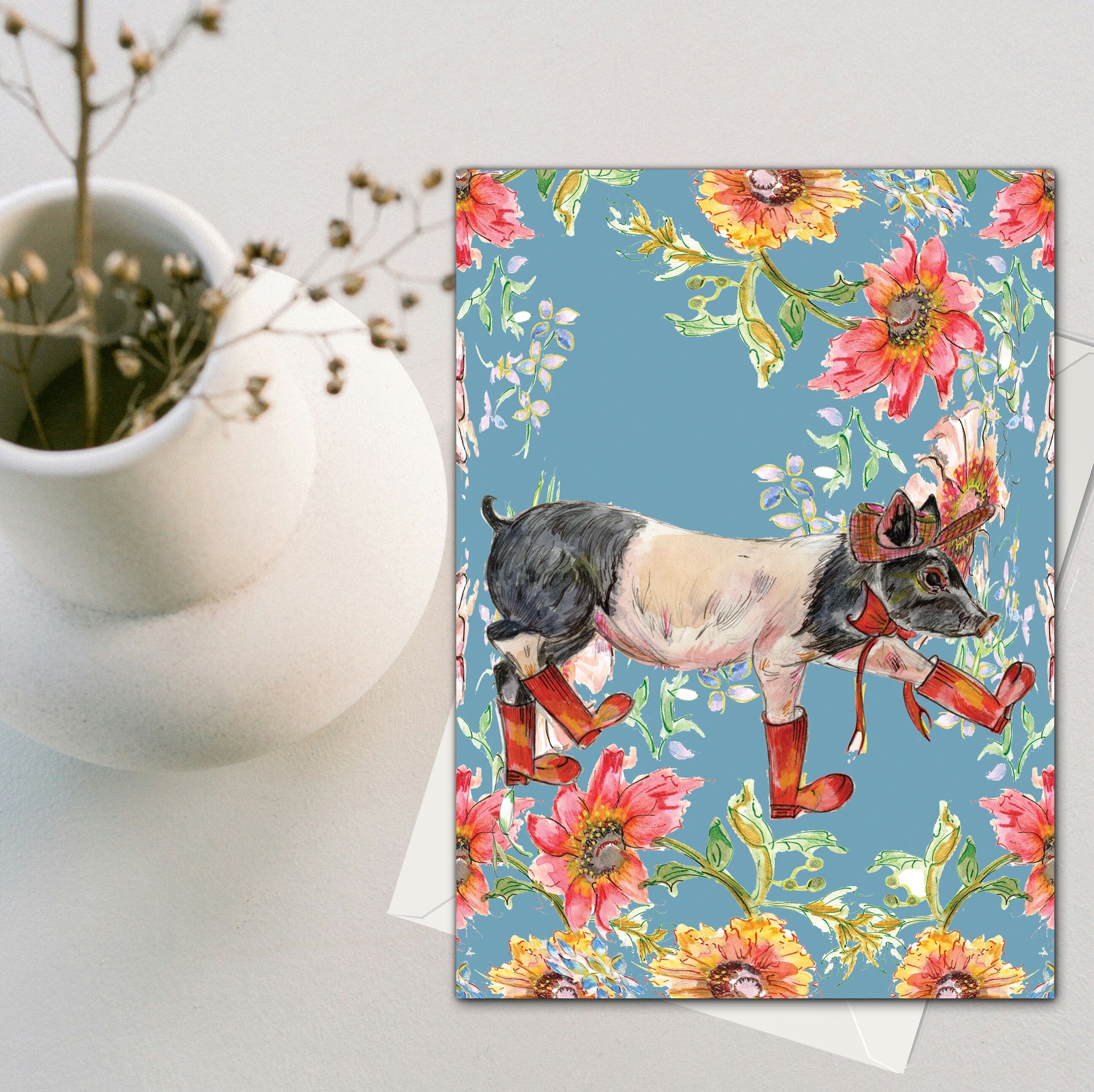 Verspielte Grußkarte mit Schweinchenmotiv (120 x 170)