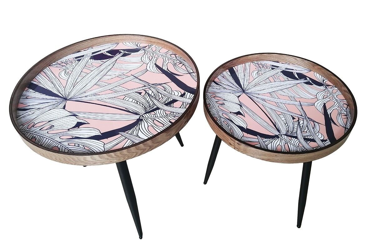 2er-Set Beistelltische mit tropischen Korallenblättern