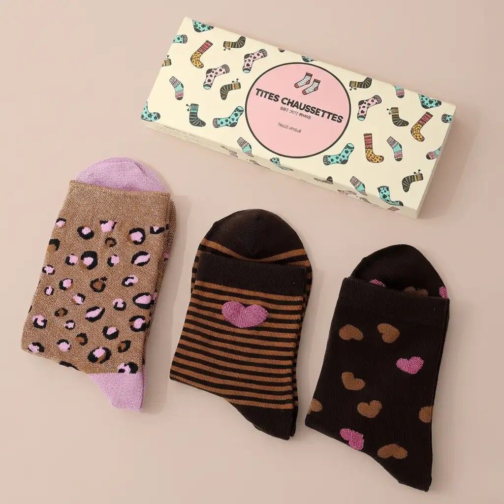 Set of 3 Women's Leopard & Stripe Heart Knee-High Socks | Sizes 35-41