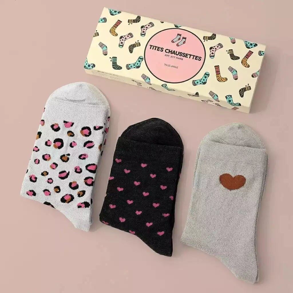 Set of 3 Women's Leopard & Lurex Heart Knee-High Socks | Sizes 35-41