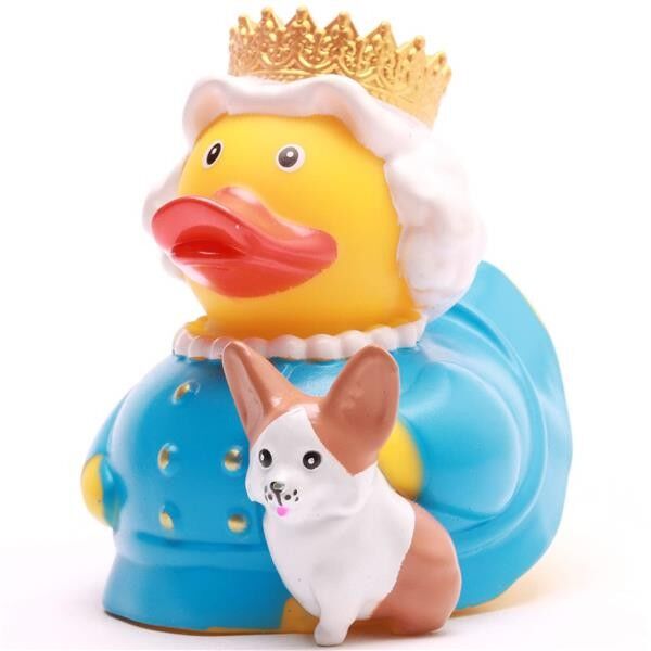 La regina Elisabetta con l'anatra di gomma Corgi