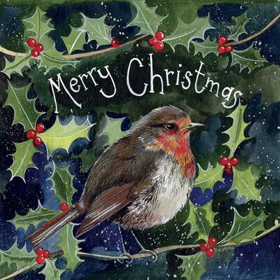 Merry Christmas Robin and Holly Berries Card Pack (Pack of 5 Cards)