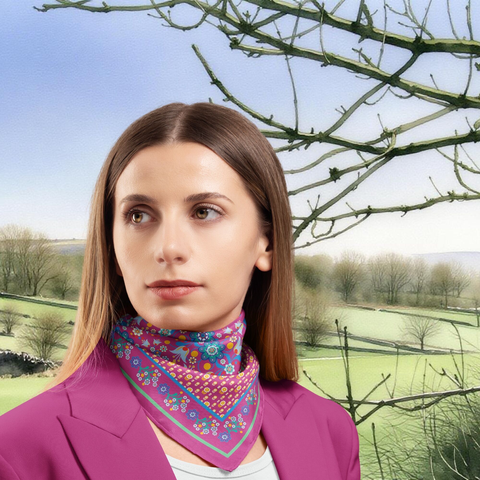 Bufanda de sarga de seda con flores nórdicas