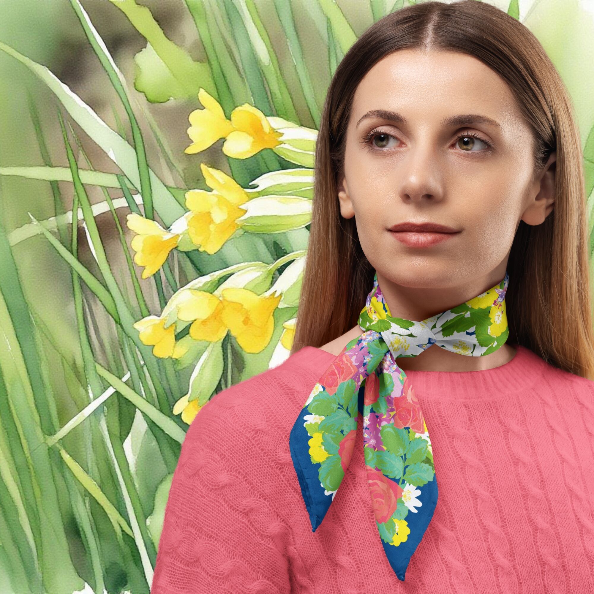 Bufanda de sarga de seda con flores de primavera