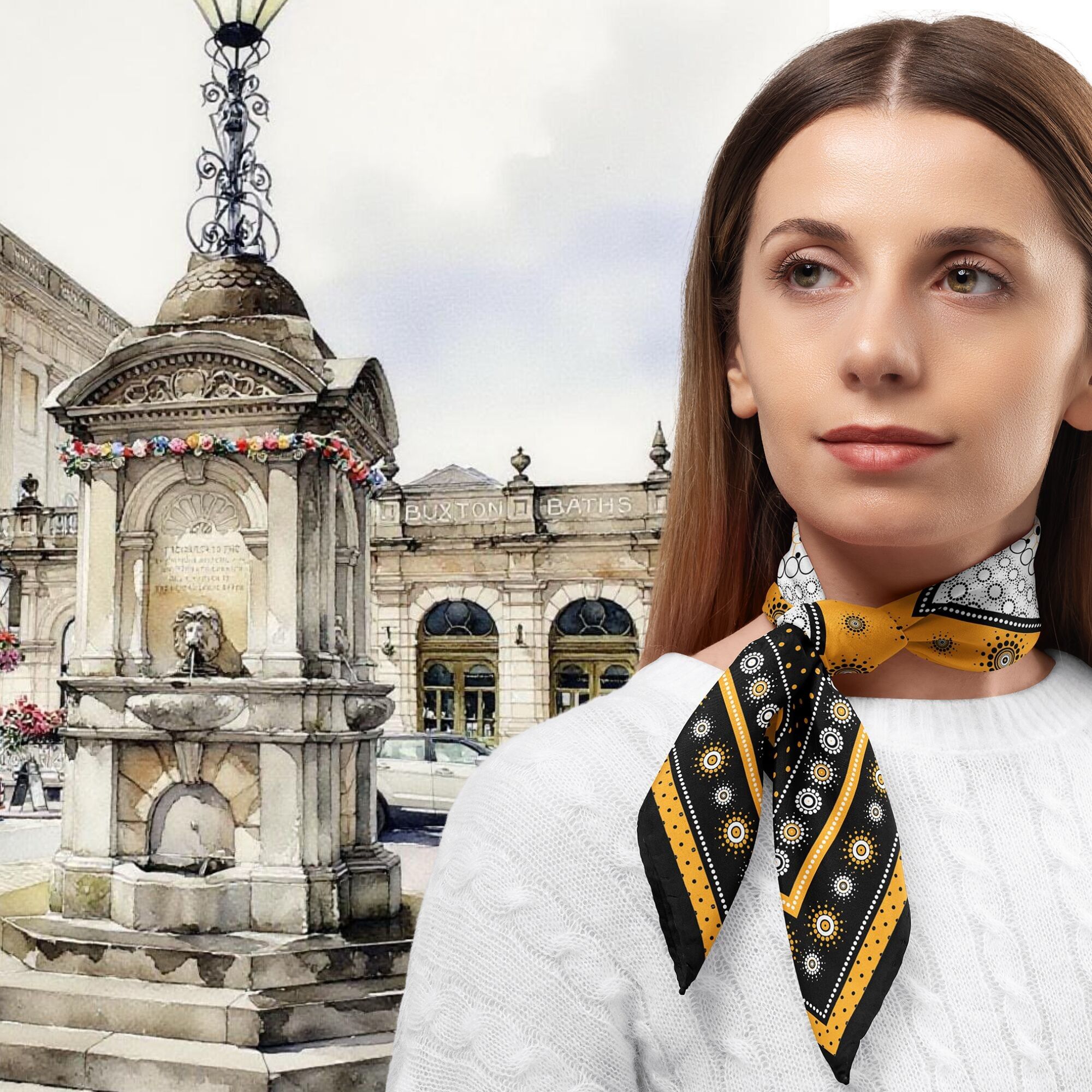 Bufanda de sarga de seda con círculos de agua