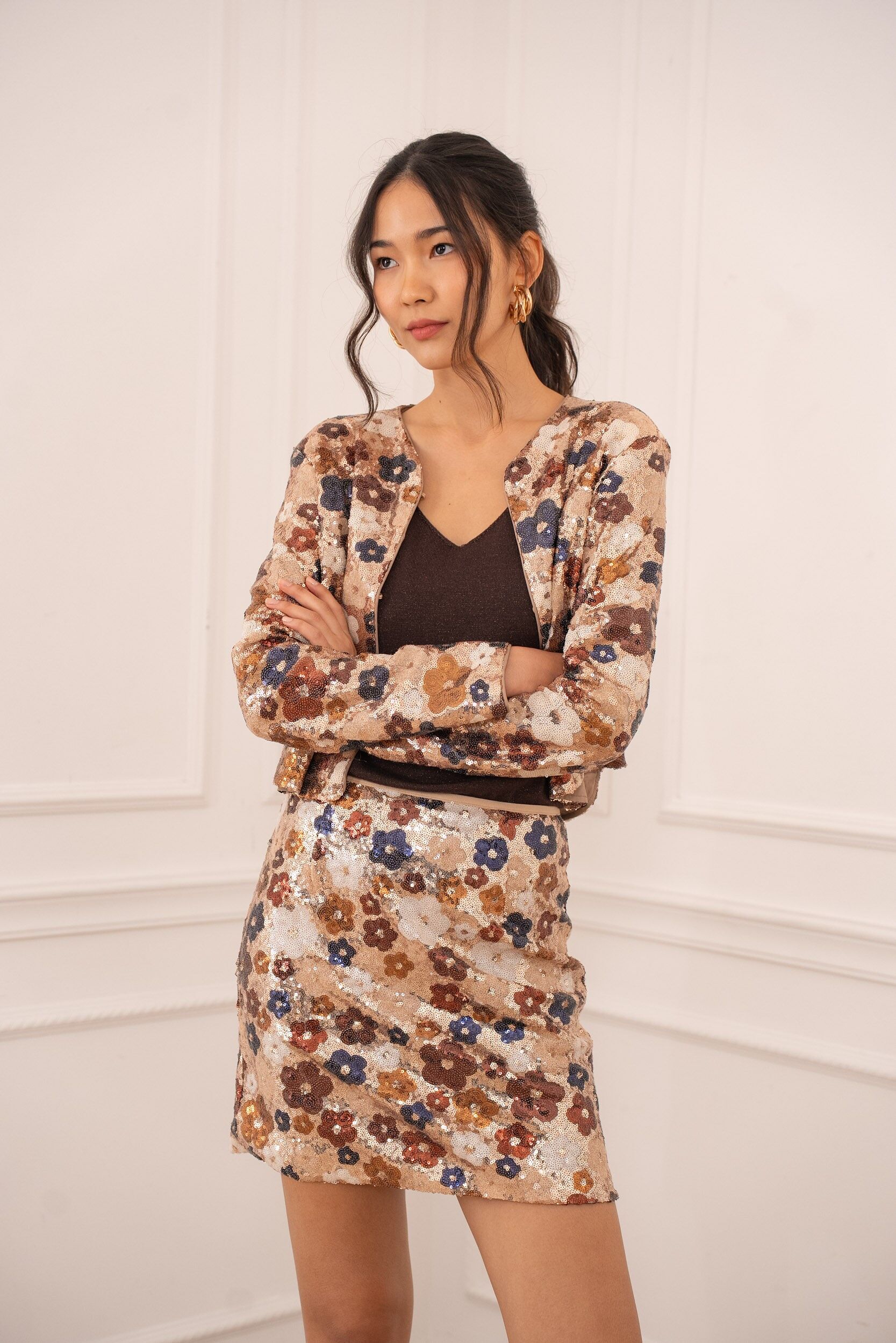 Veste sequins motifs floraux multicolores - CK08378#