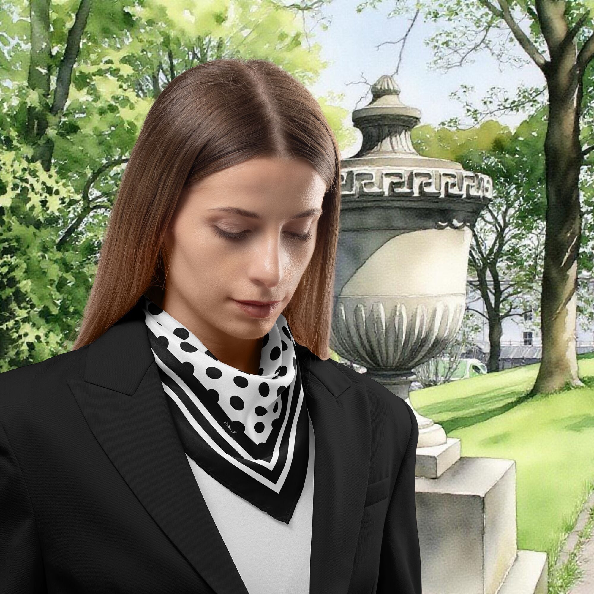 Sciarpa in twill di seta a pois neri