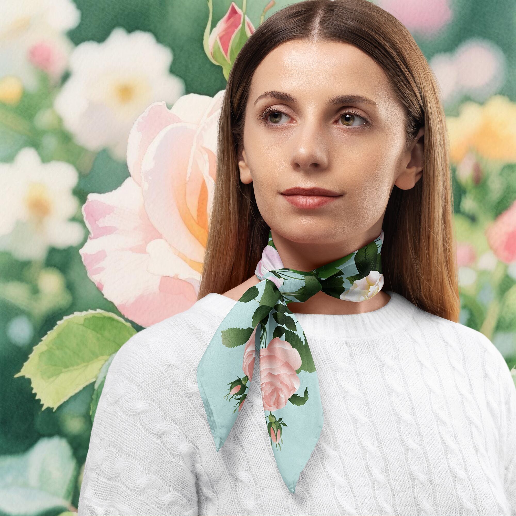 Bufanda de sarga de seda con rosas pastel