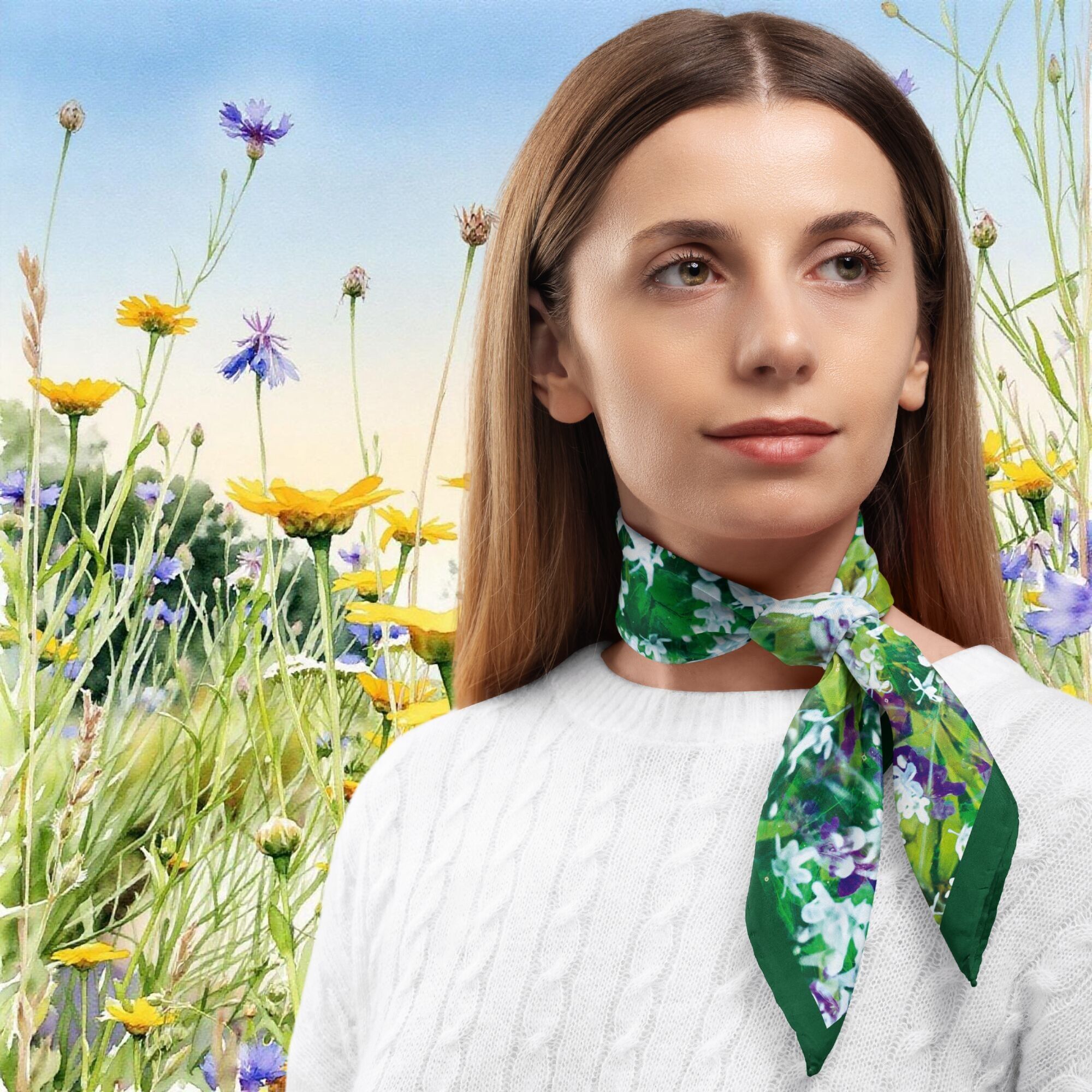 Bufanda de sarga de seda con flores silvestres