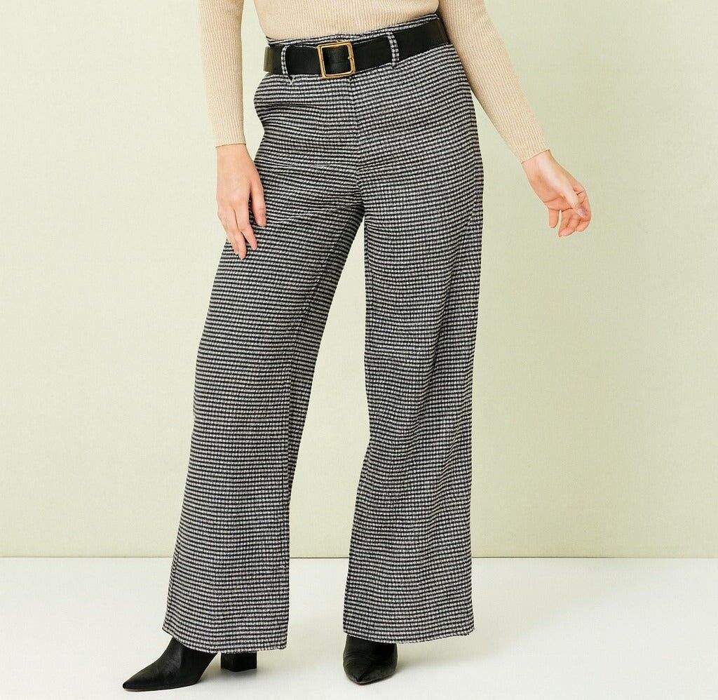 Pantaloni a gamba larga in tweed a quadri grandi
