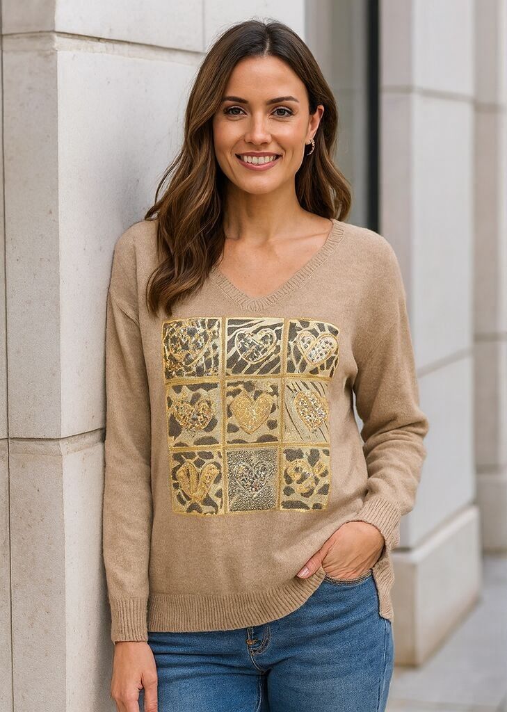 Maglia fine con scollo a V e cuore con diamanti