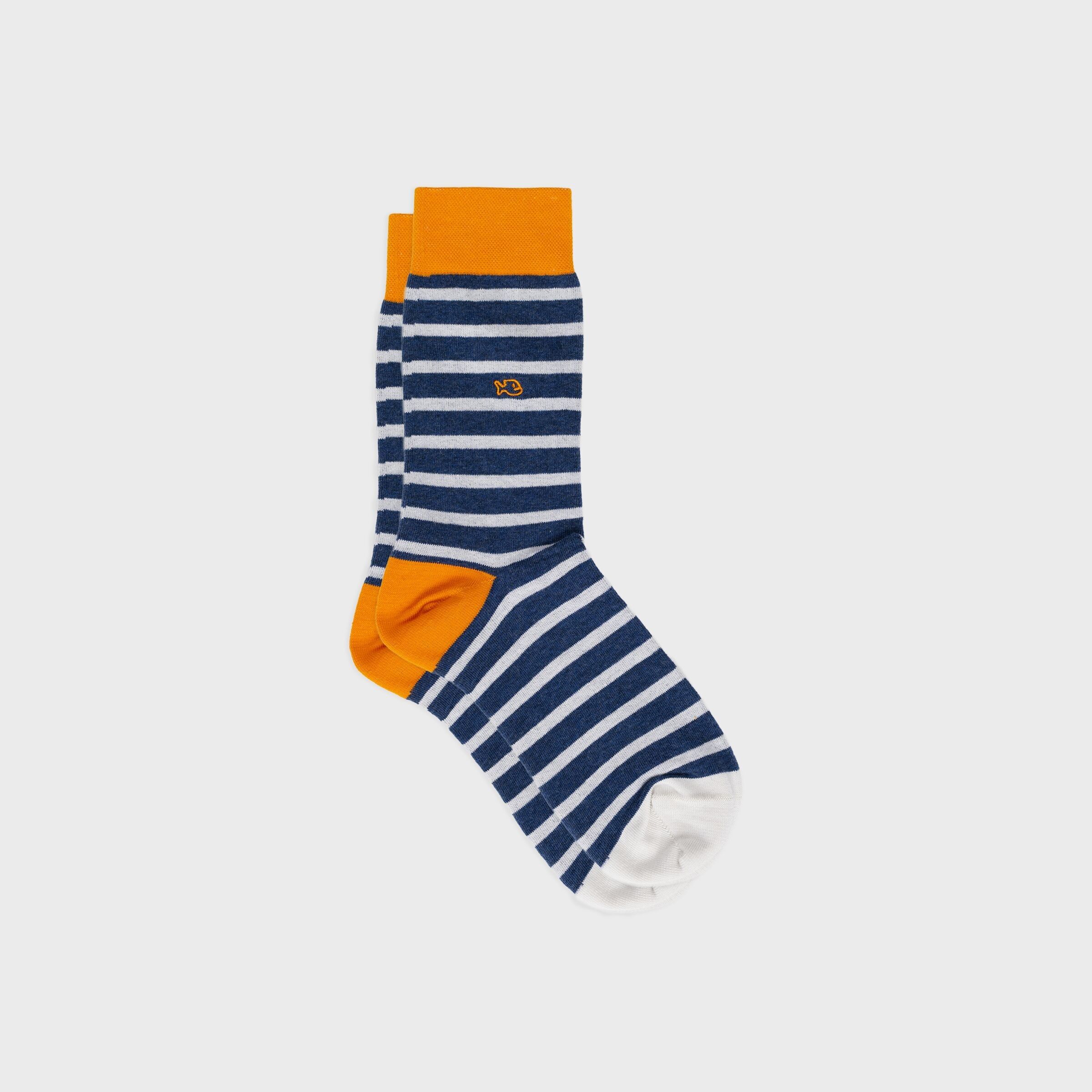 Wide striped combed cotton socks - Blue, grey striped