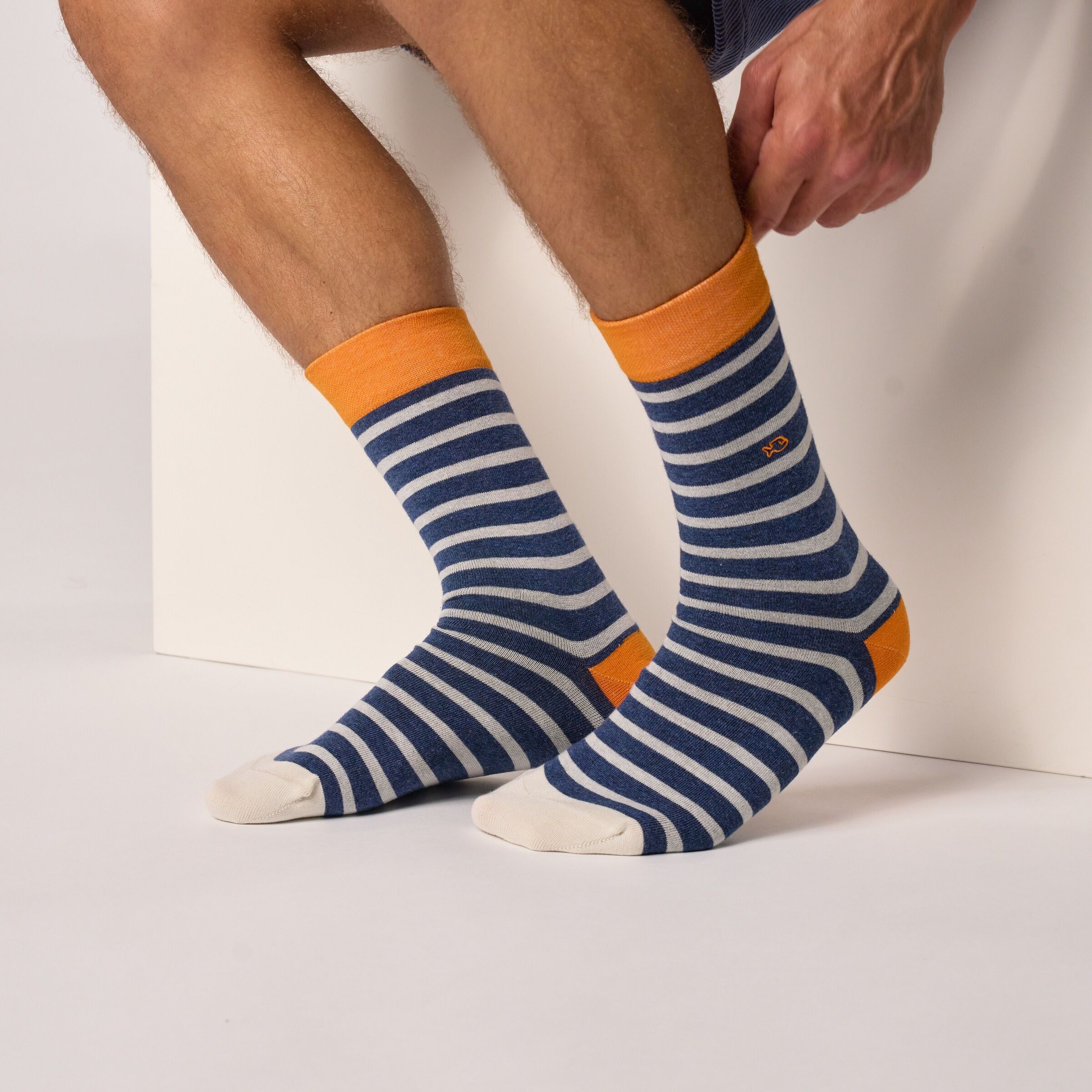 Wide striped combed cotton socks - Blue, grey striped