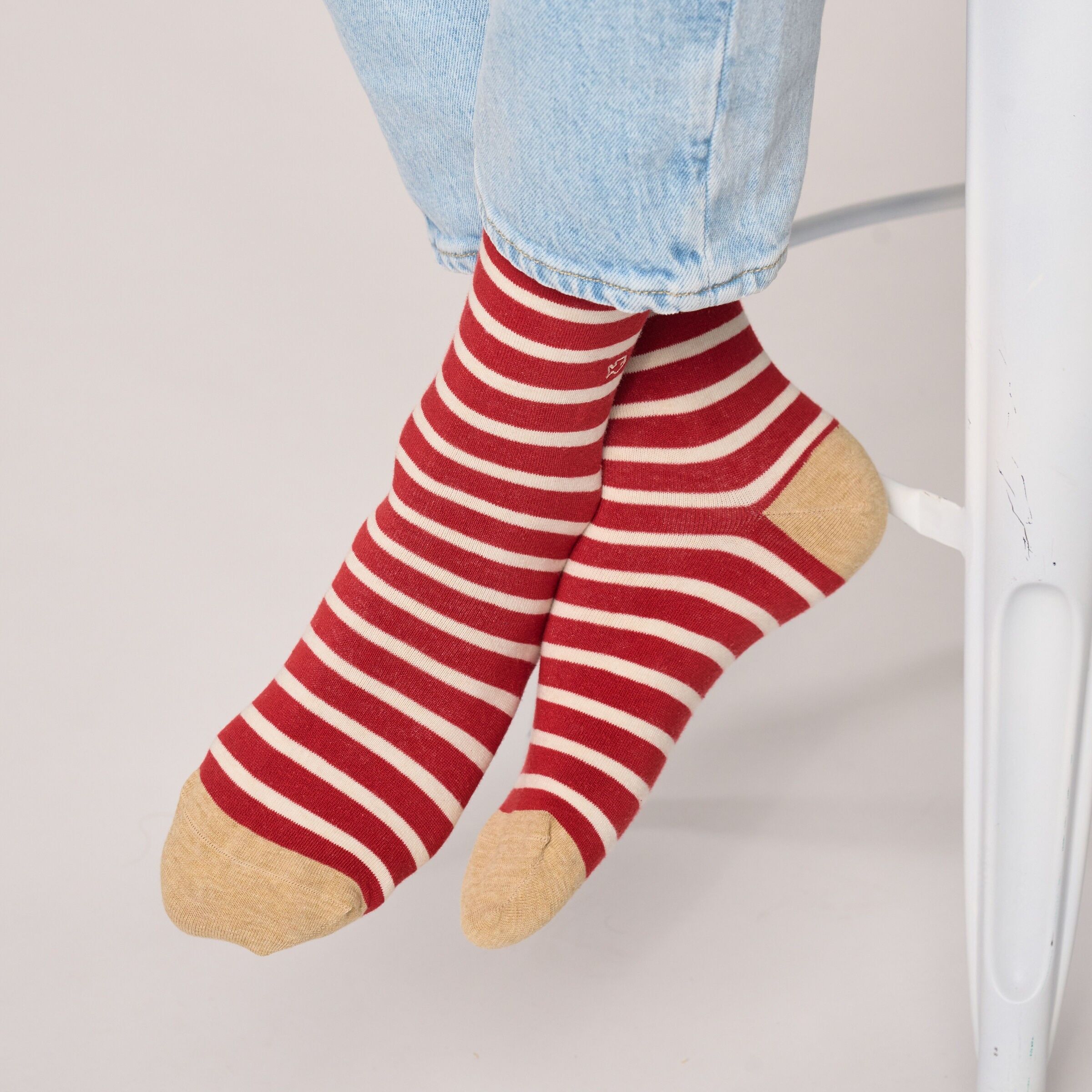 Wide striped combed cotton socks - Red, beige stripes
