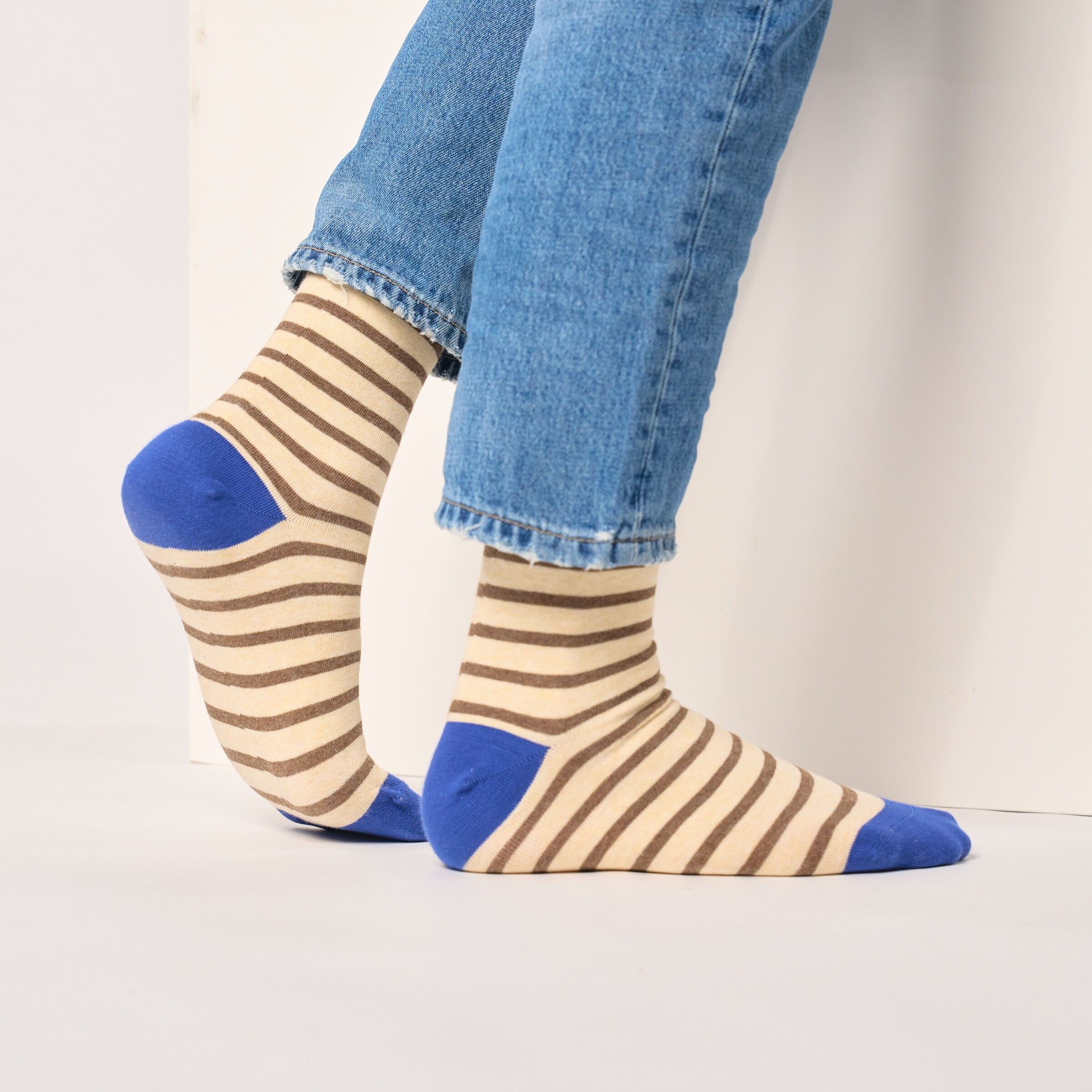 Combed cotton socks with wide stripes - Beige, brown stripes