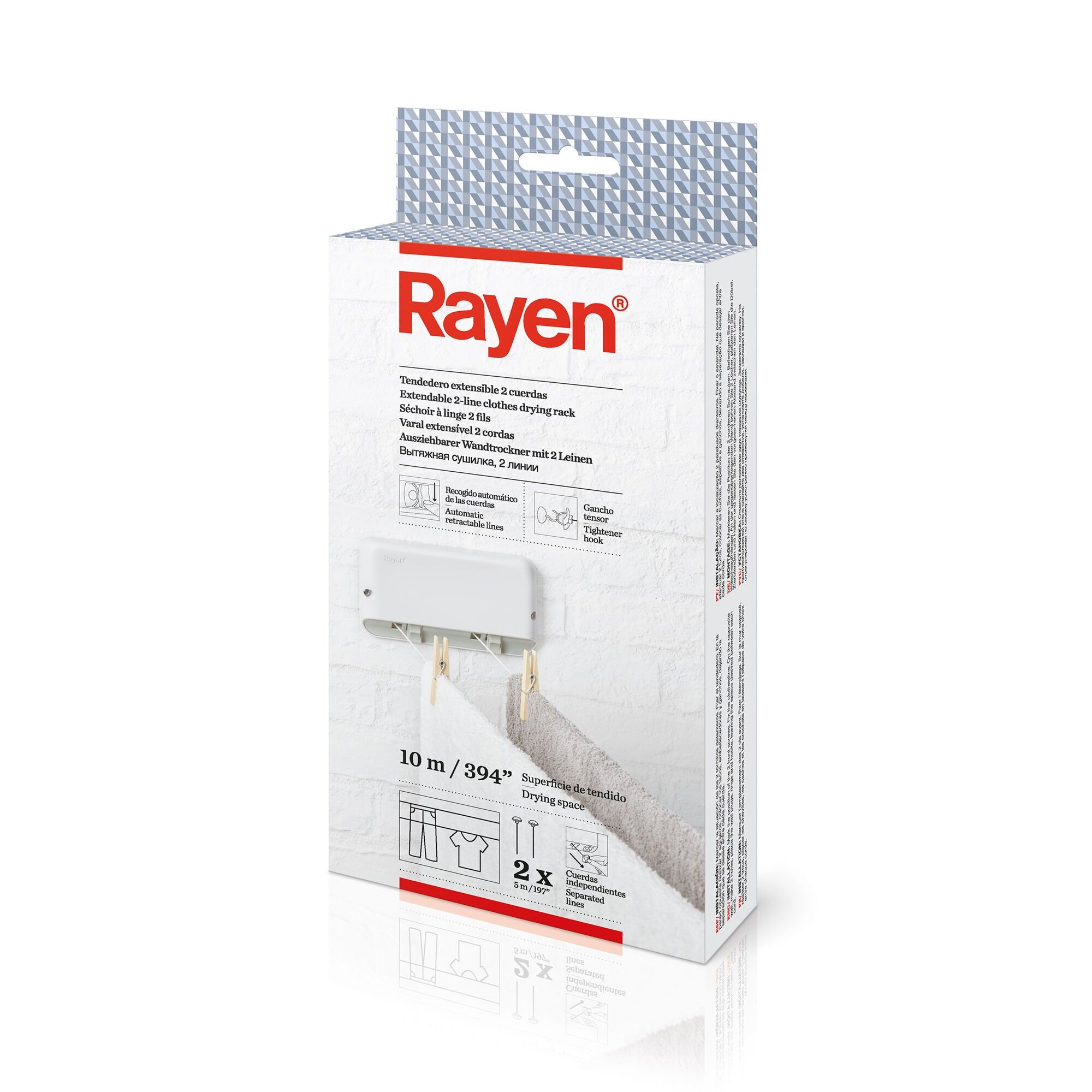 Rayen | Tendedero Extensible | Tendedero de Pared | 2 Cuerdas Independientes | Cuerda 5 m | Dimensiones: 20.5 x 11.5 x 3.5  cm