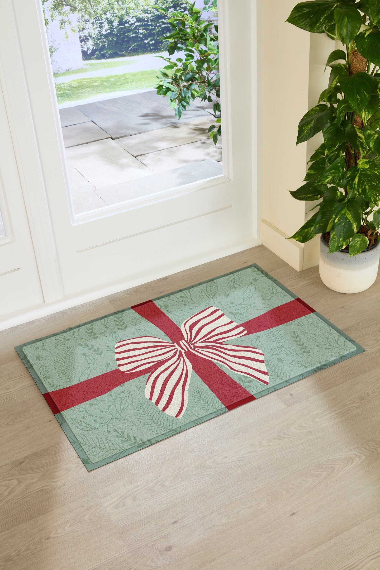 Fußmatte mit rot-weißen Streifen und Schleife für den Innen- und Außenbereich (90 x 60 cm)
