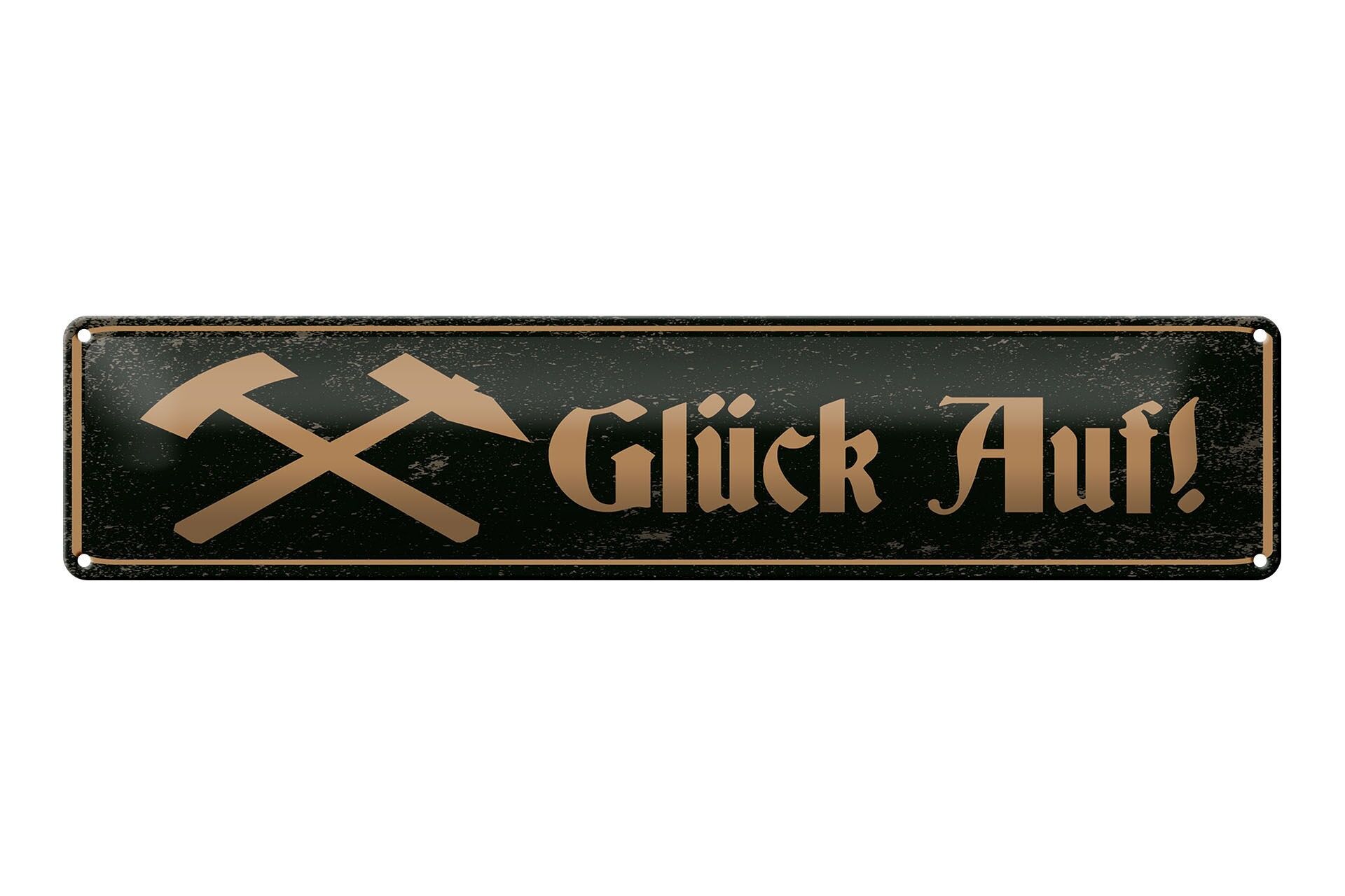 Cartello in metallo con scritta, 46x10 cm, Glück Auf (Buona fortuna), falce e martello, cartello minerario