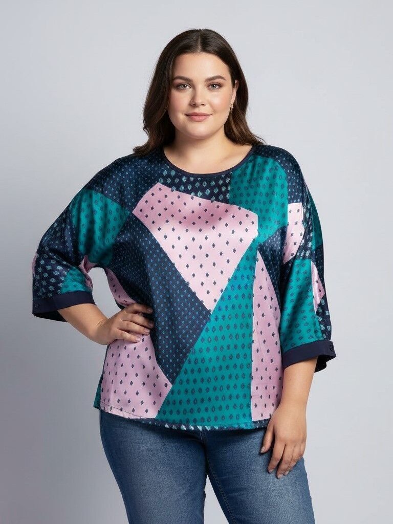 Blusa de seda de talla grande con estampado azul (C6111)