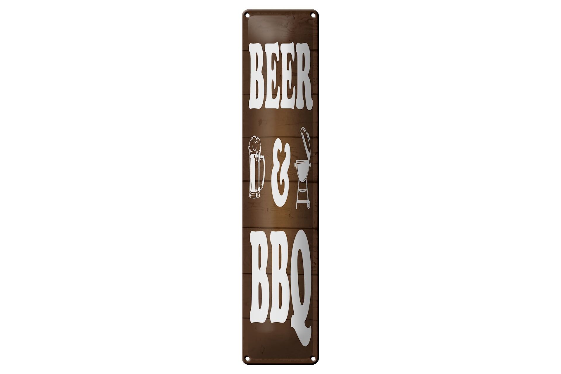 Insegna in metallo, 46x10 cm, Birra e barbecue, Insegna decorativa per boccale di birra