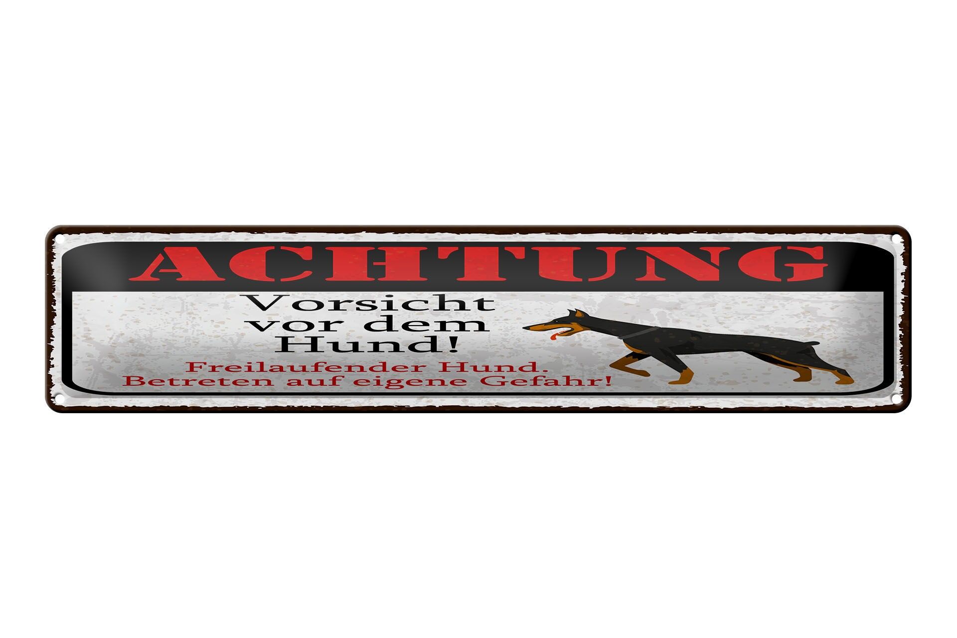 Cartello in metallo, avvertenza, 46x10 cm. Attenzione: attenzione al cane. Cartello decorativo.