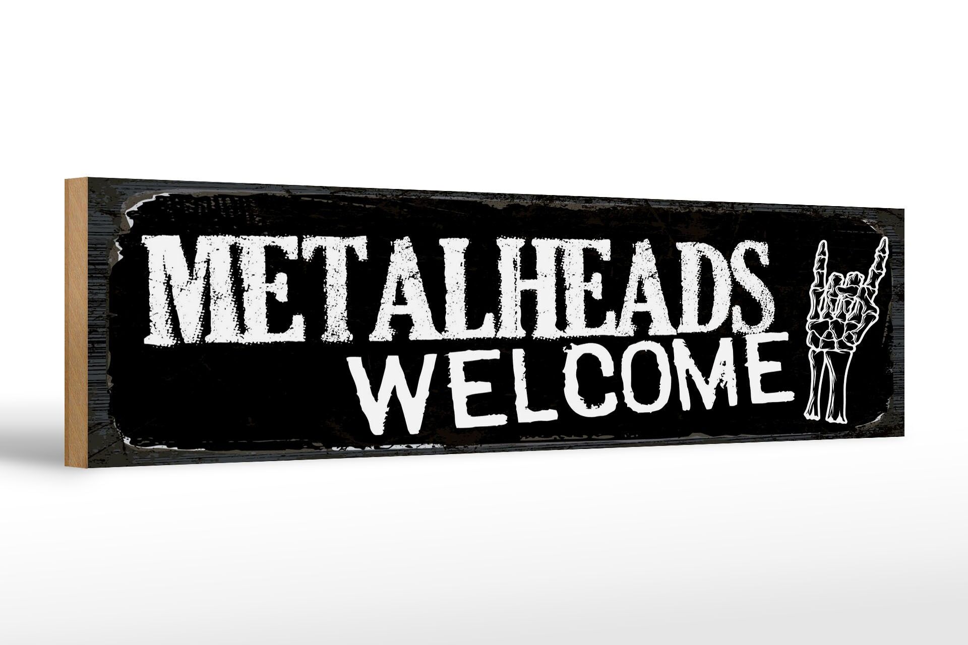 Holzschild Spruch 46x10 cm Metalheads welcome Skeletthand Deko Schild