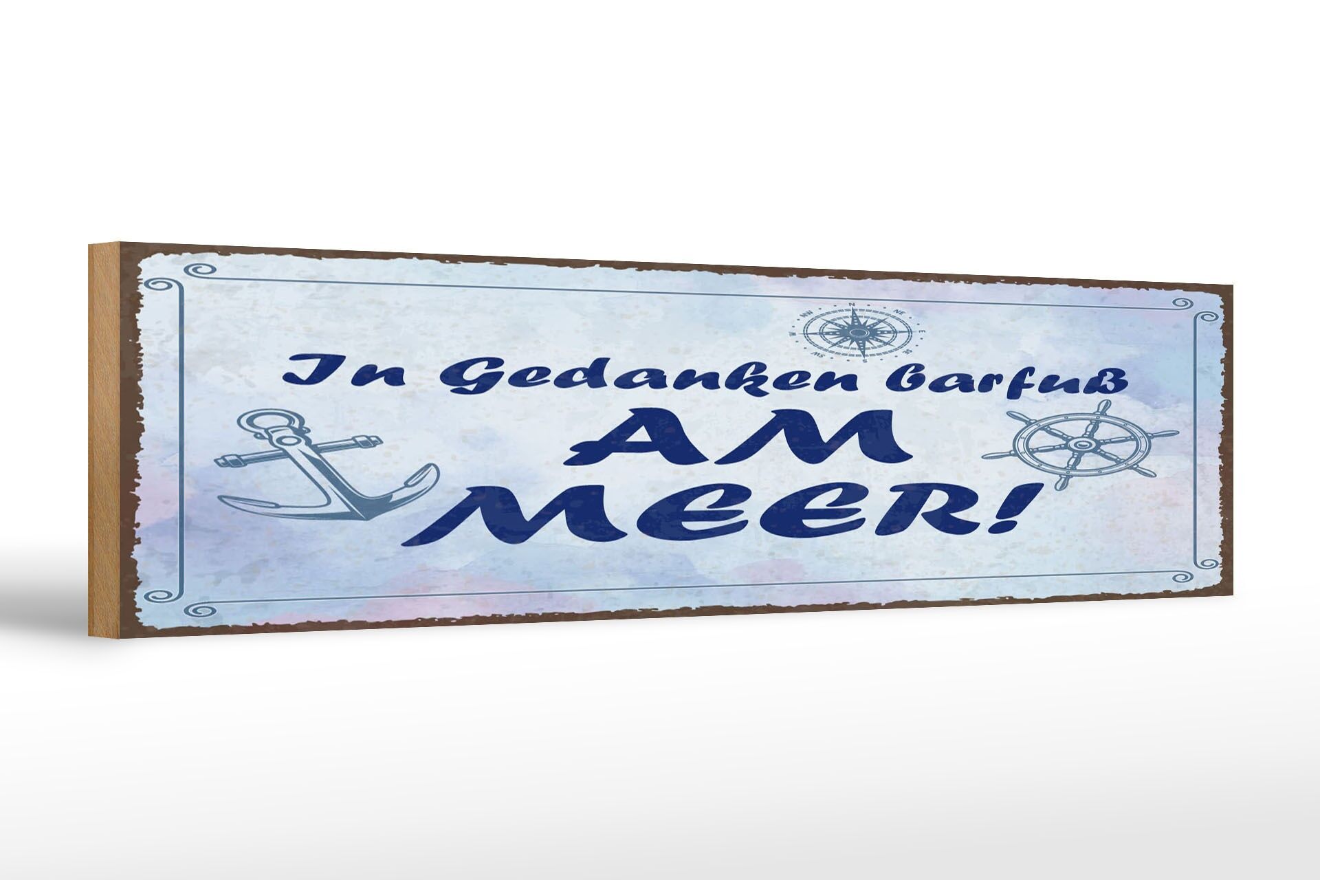 Cartello in legno con scritta, 46x10 cm: "Penso a me stesso a piedi nudi in riva al mare", ancora, cartello decorativo