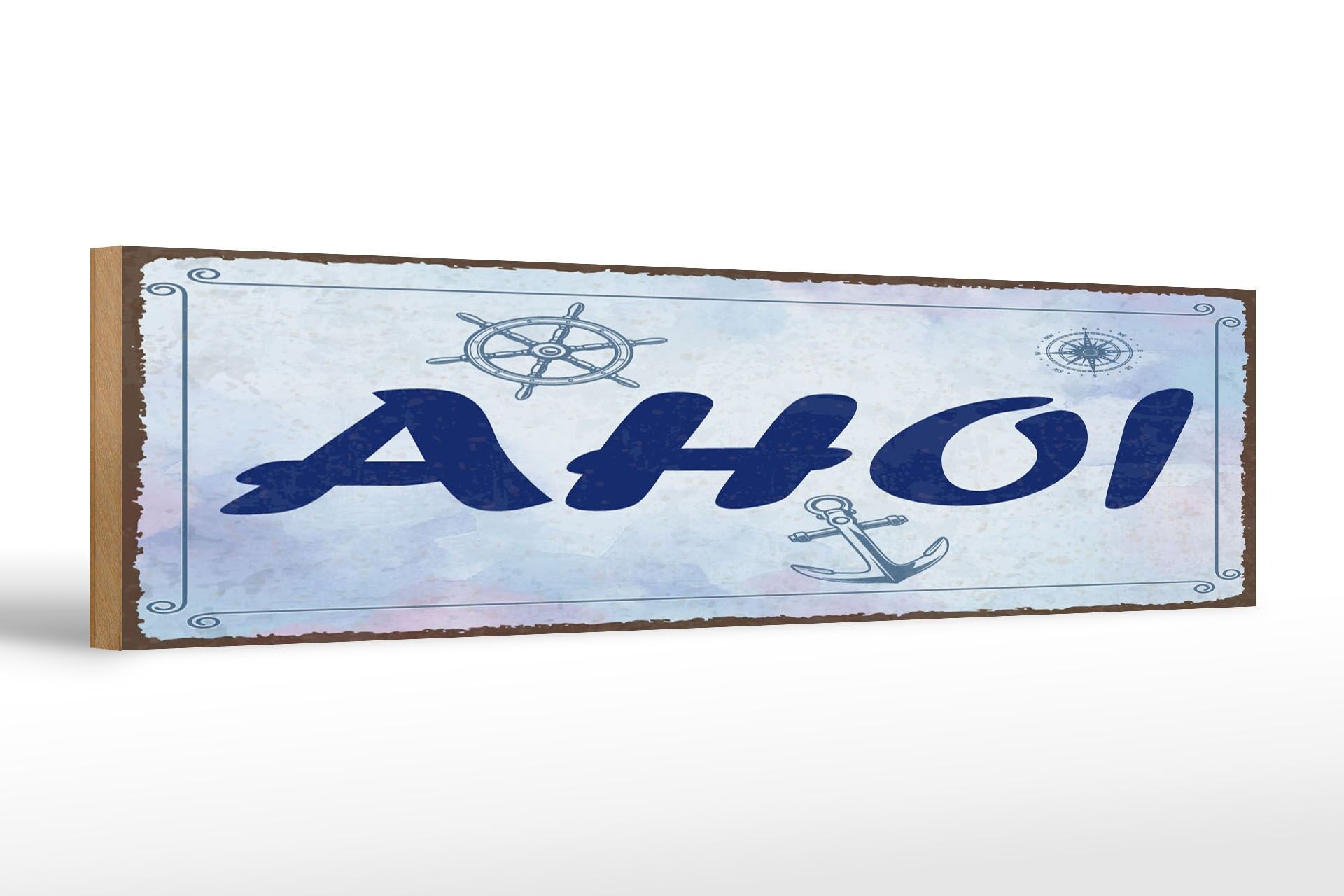Cartello in legno con scritta, 46x10 cm, Ahoy, ancora, volante, bussola, cartello decorativo