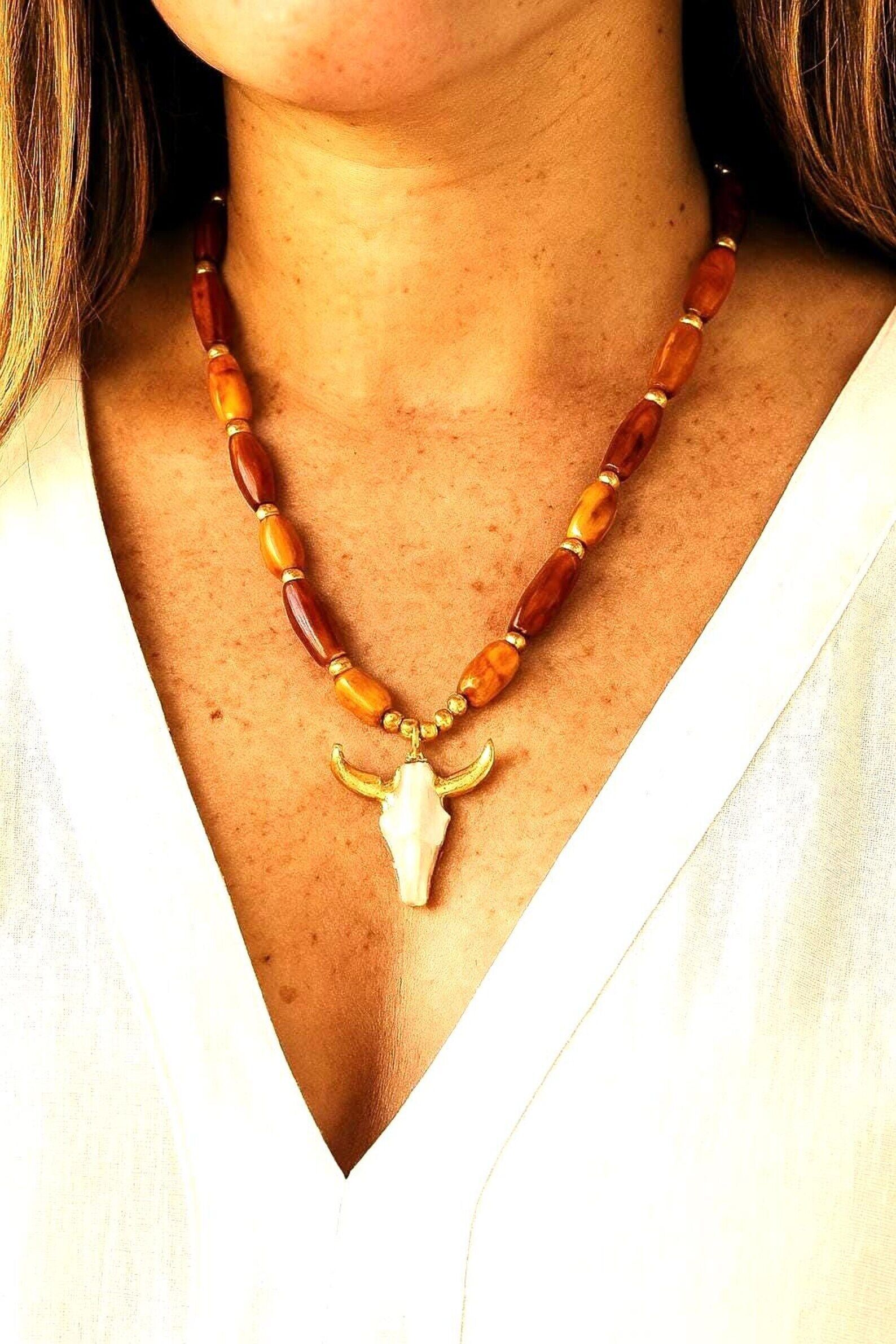 Boho Western Necklace with Cow Skull Pendant