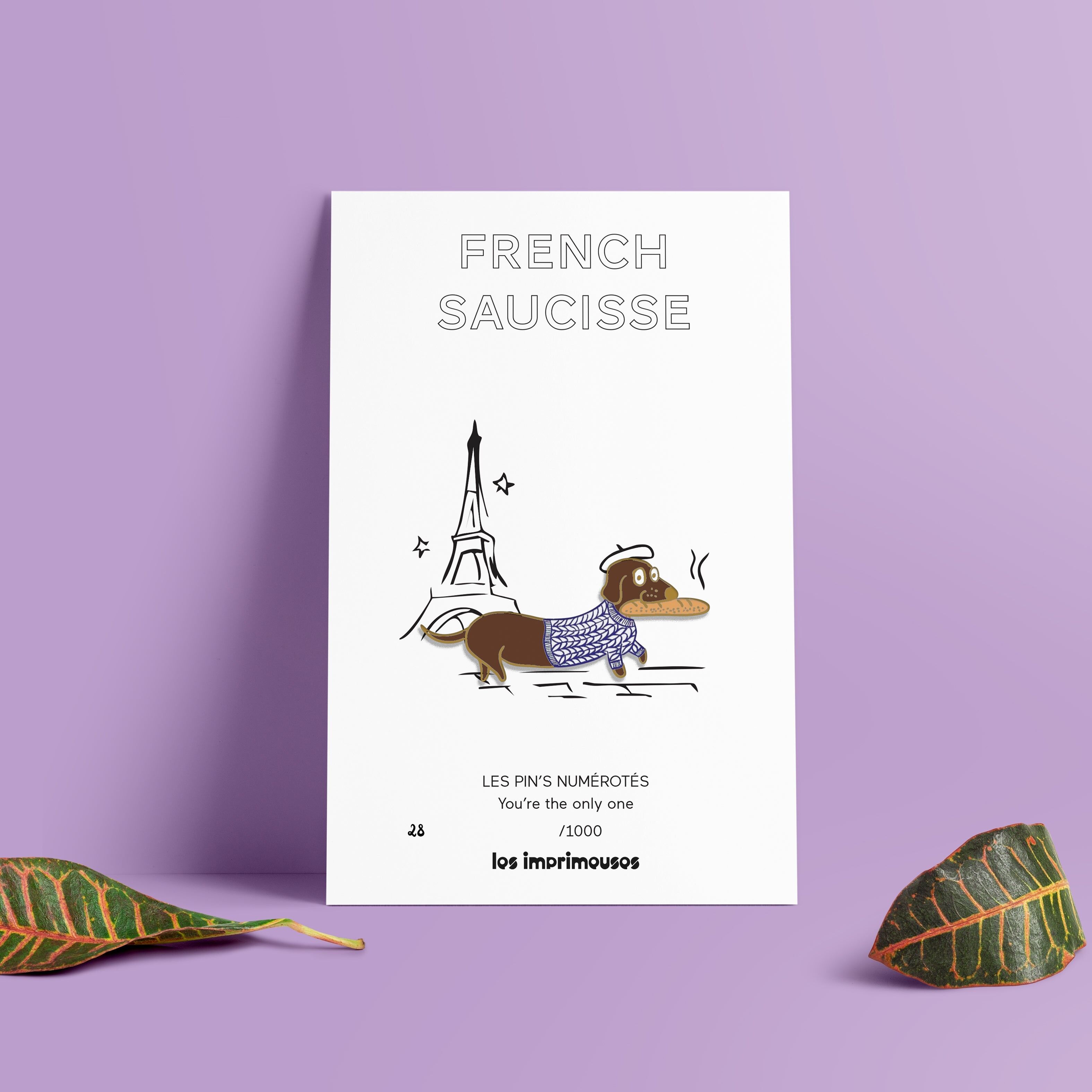 Spilla con salsiccia francese - Bassotto parigino con baguette e maglione lavorato a maglia