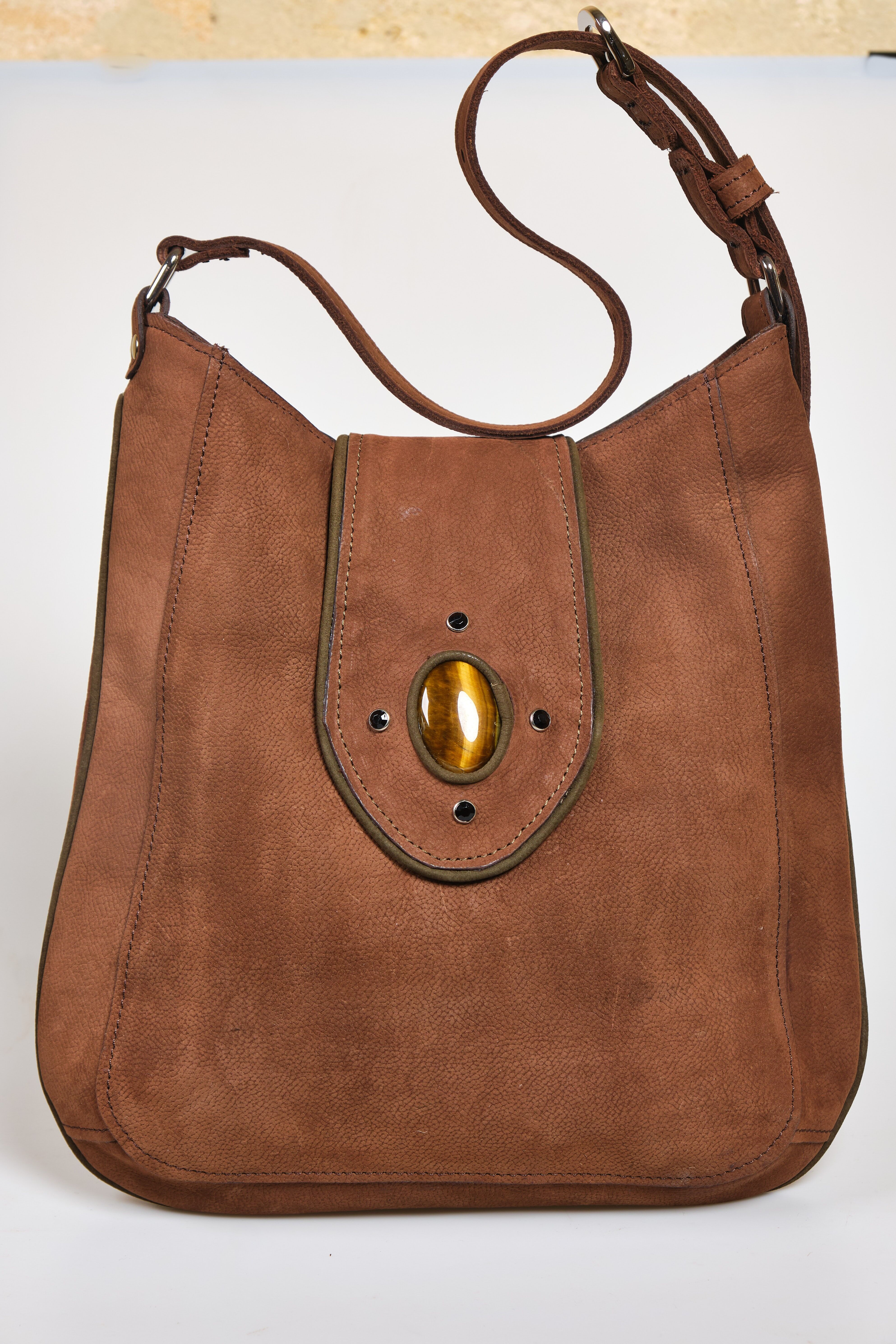 Hobo Bag Brown Nubuck Leather Contoured with Green Nubuck and Tigers Eye