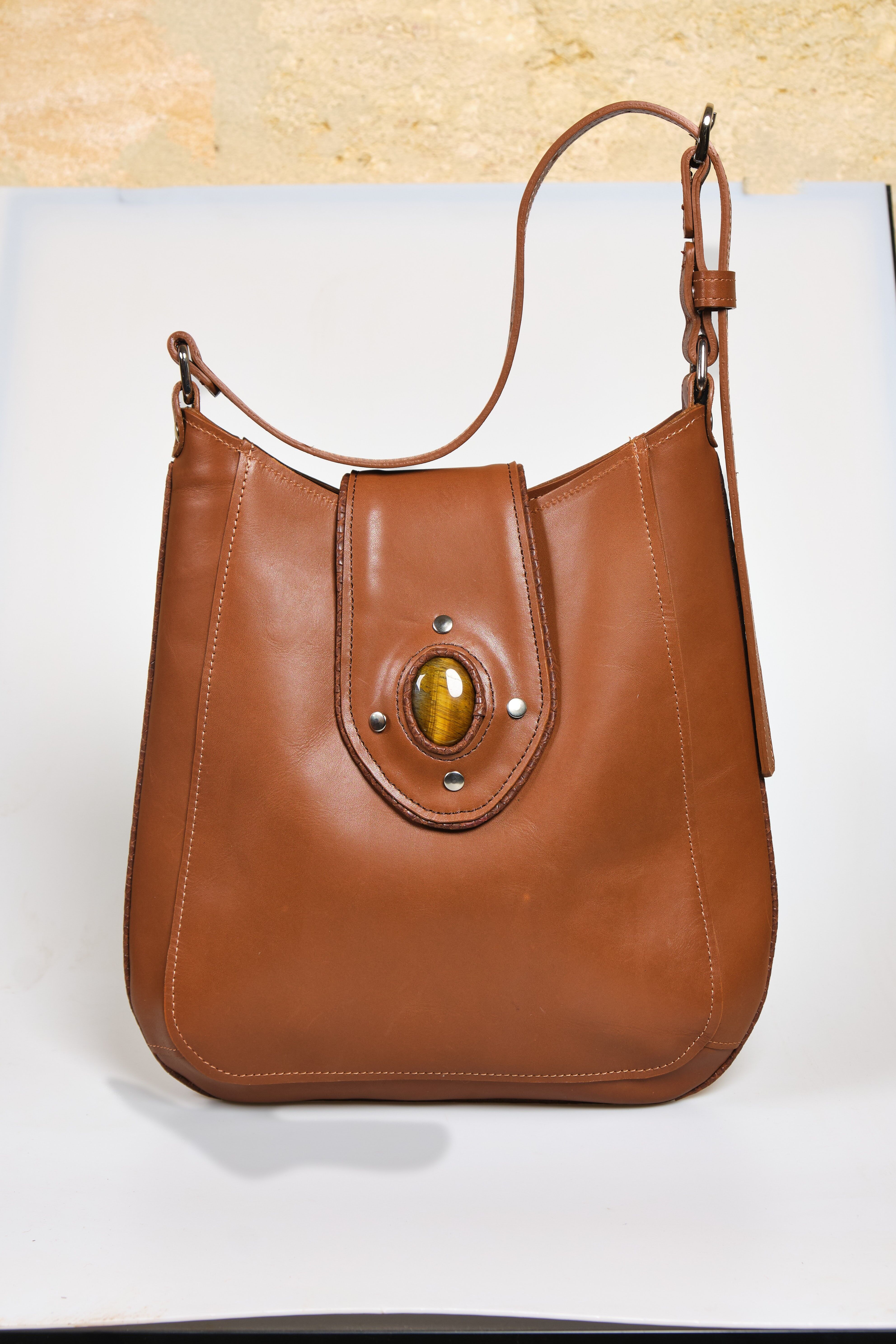 Hobo Bag Brown Leather Contoured with Snakeskin Printed Leather and Tigers Eye