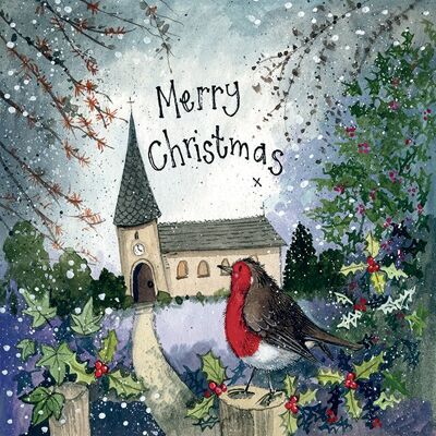 Merry Christmas Church and Robin Card Pack (Pack of 5 Cards)