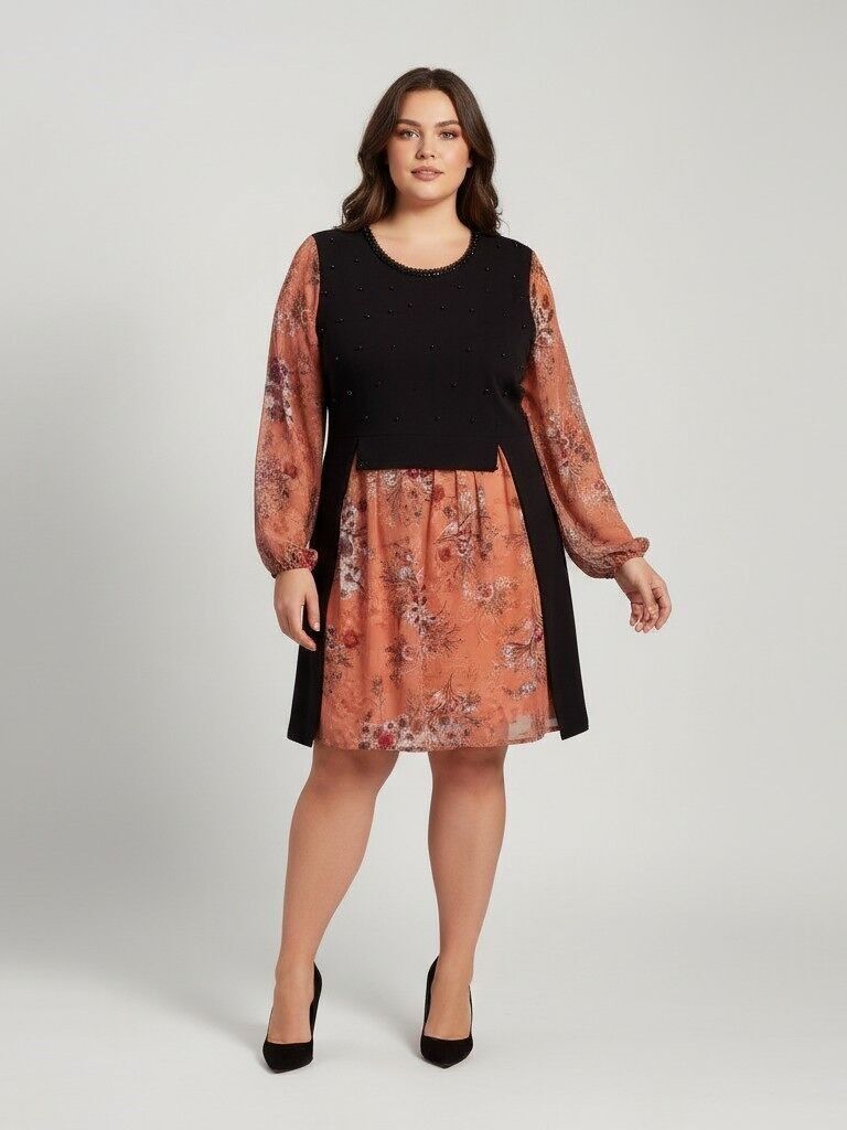 Robe grande taille effet superposé avec perles (C6115)