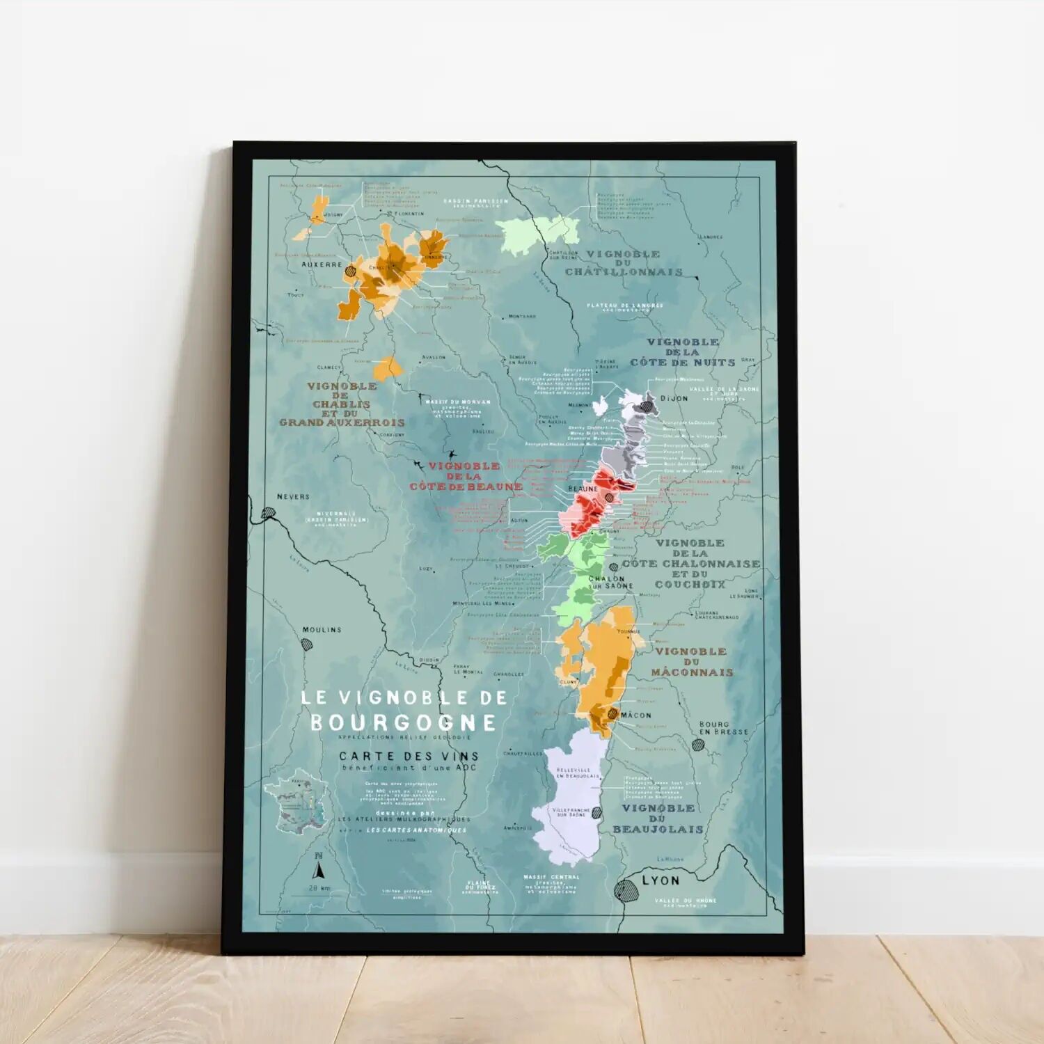 Mappa dei vini della Borgogna - Poster 50x70cm - aggiornato nel 2025