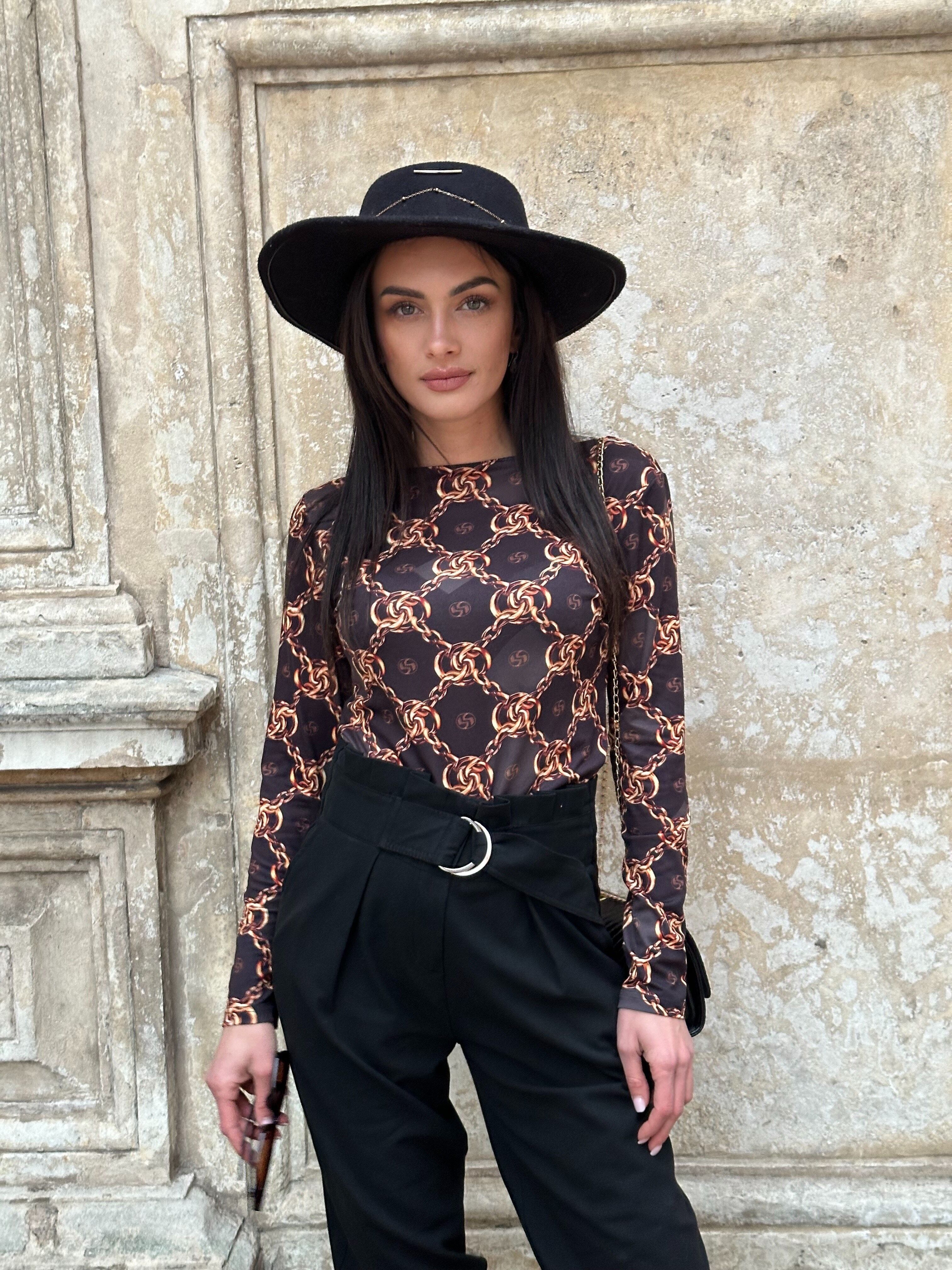 Chemisier à manches longues - Imprimé chaîne - Marron - LOUI.