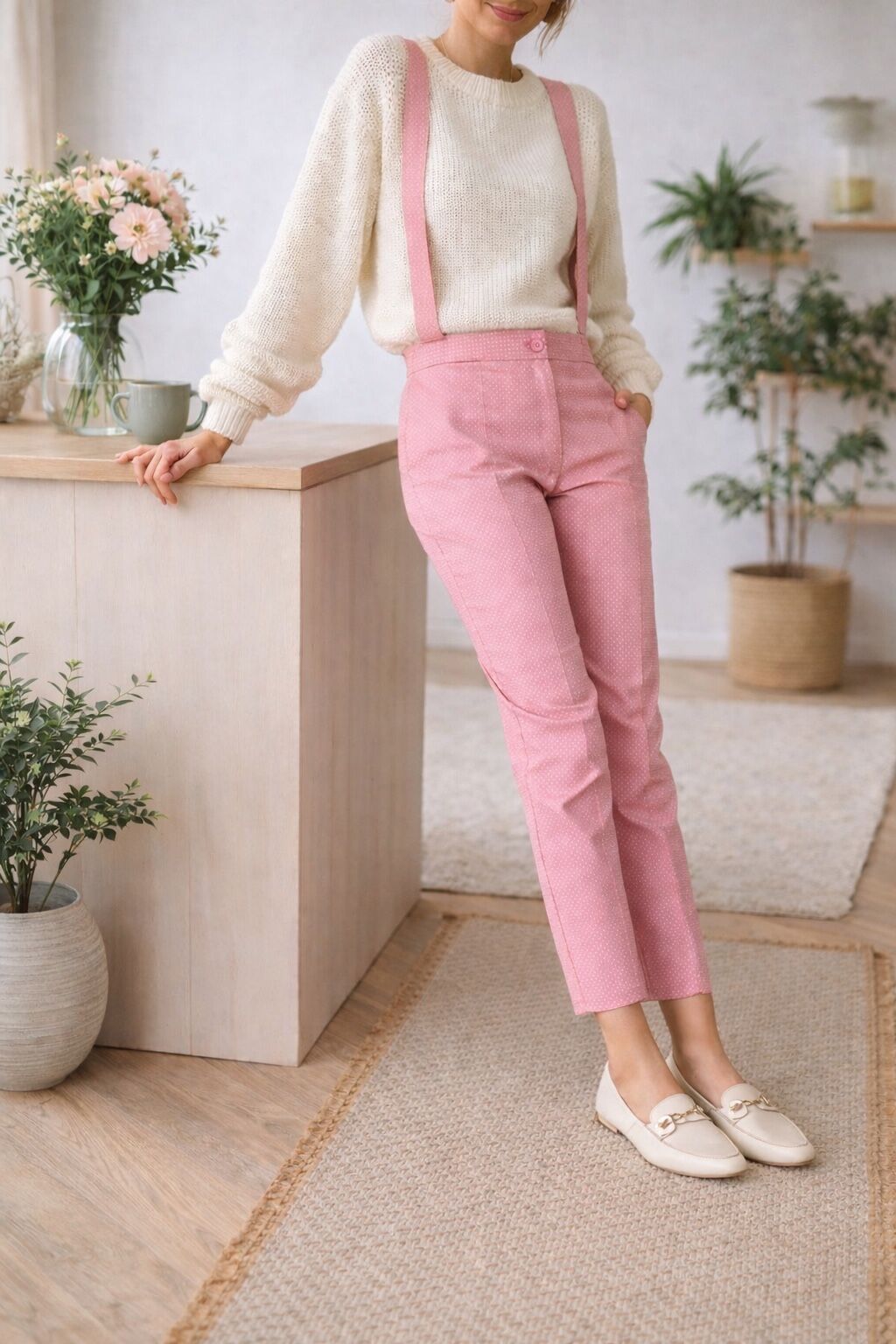 Pantalon rose en popeline de coton