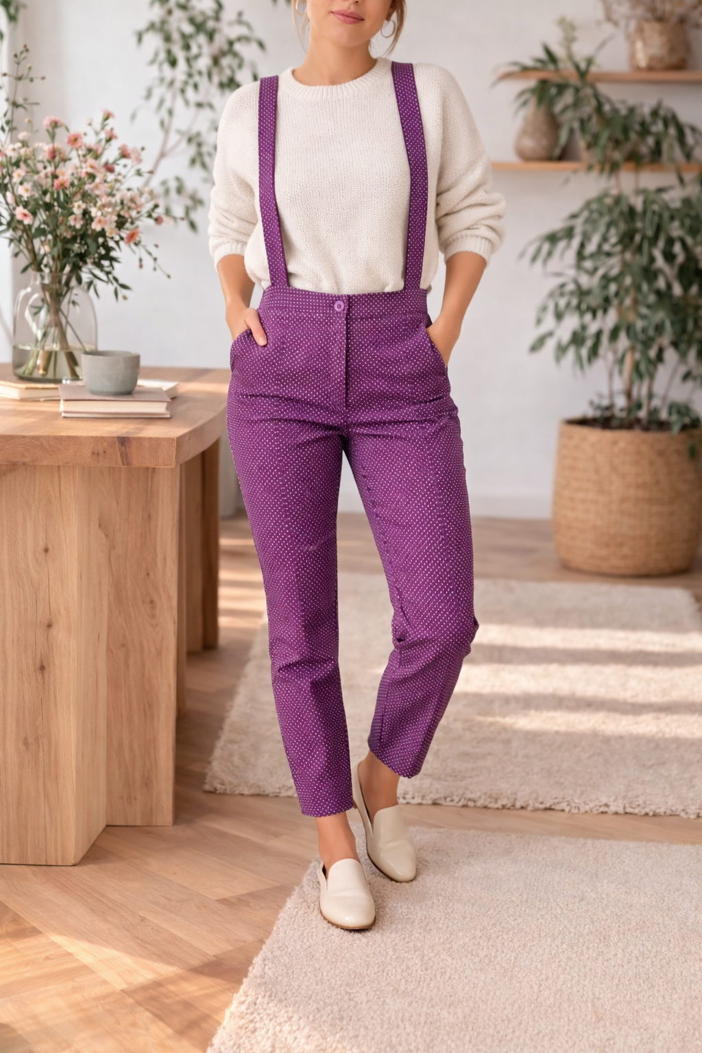 Pantalon lilas rouge en popeline de coton